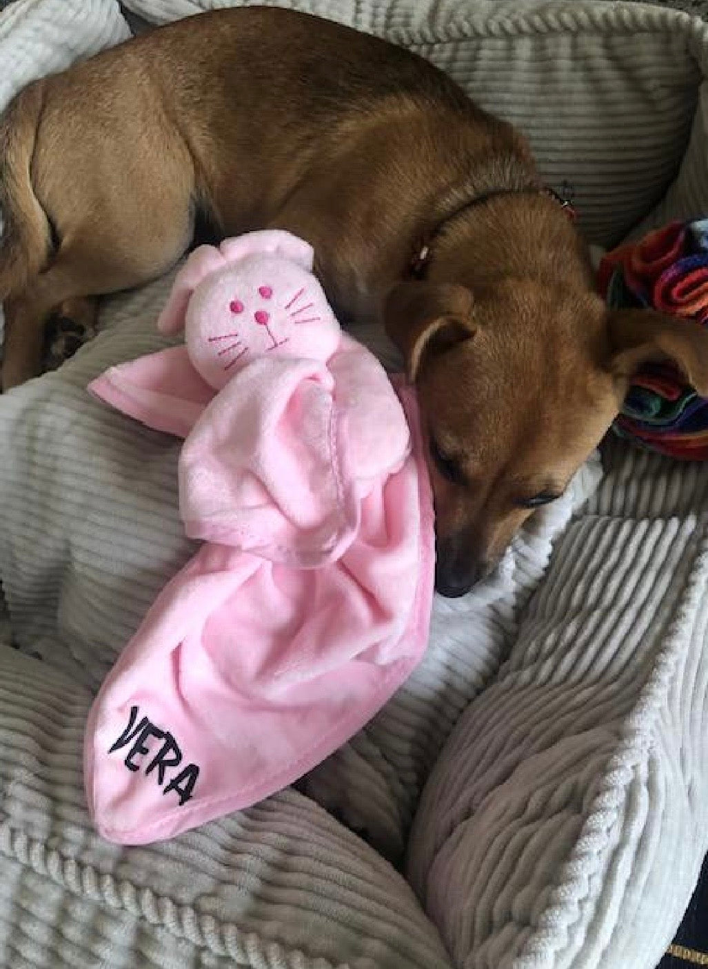 Personalised Comforter Puppy Toy – Pink Rabbit or Blue Bear