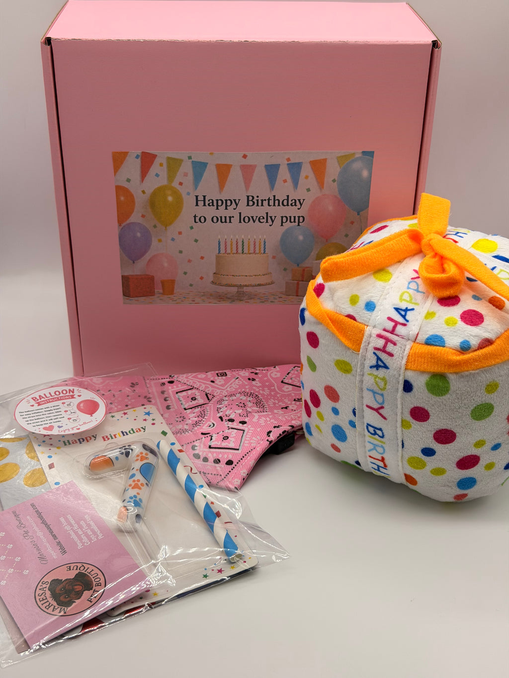 Personalised Dog Birthday Box – with number balloon, candle, bandana and present toy
