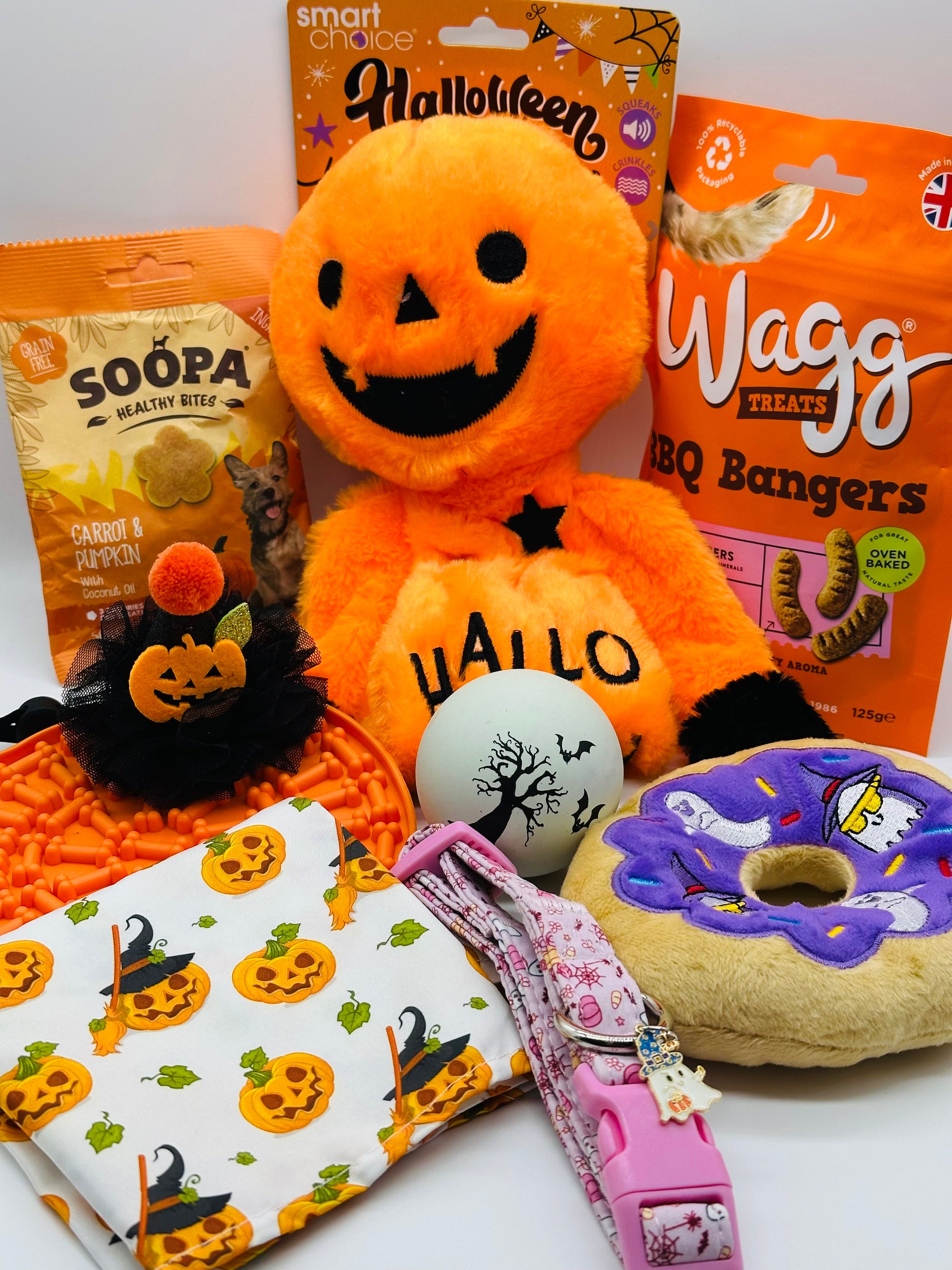 Dog Halloween Boo Box with selection of toys, treats, bandana, hat and collar