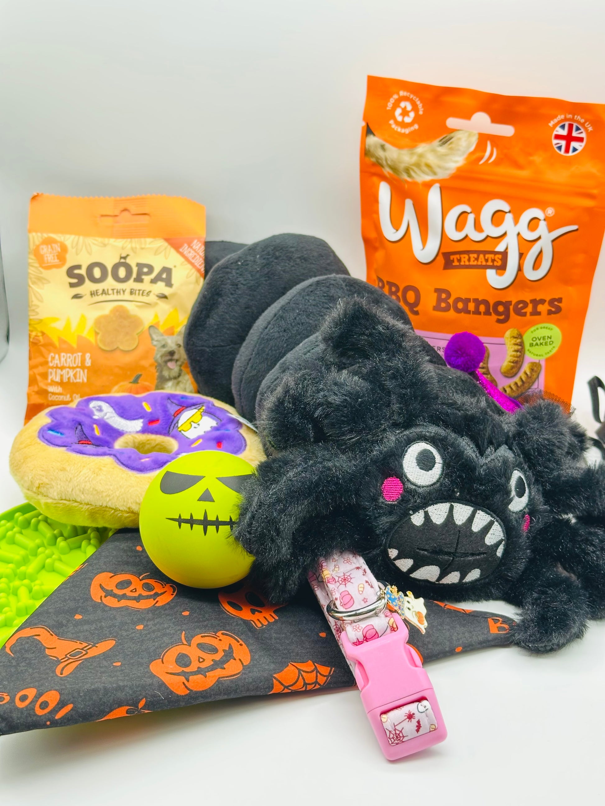 Dog Halloween Boo Box with selection of toys, treats, bandana, hat and collar