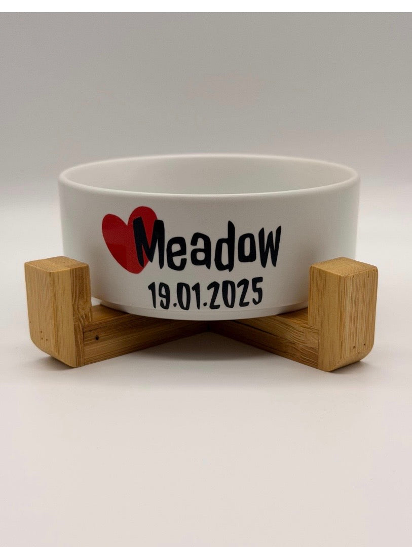 Personalised Pet Food and Water Bowl with Bamboo Stand