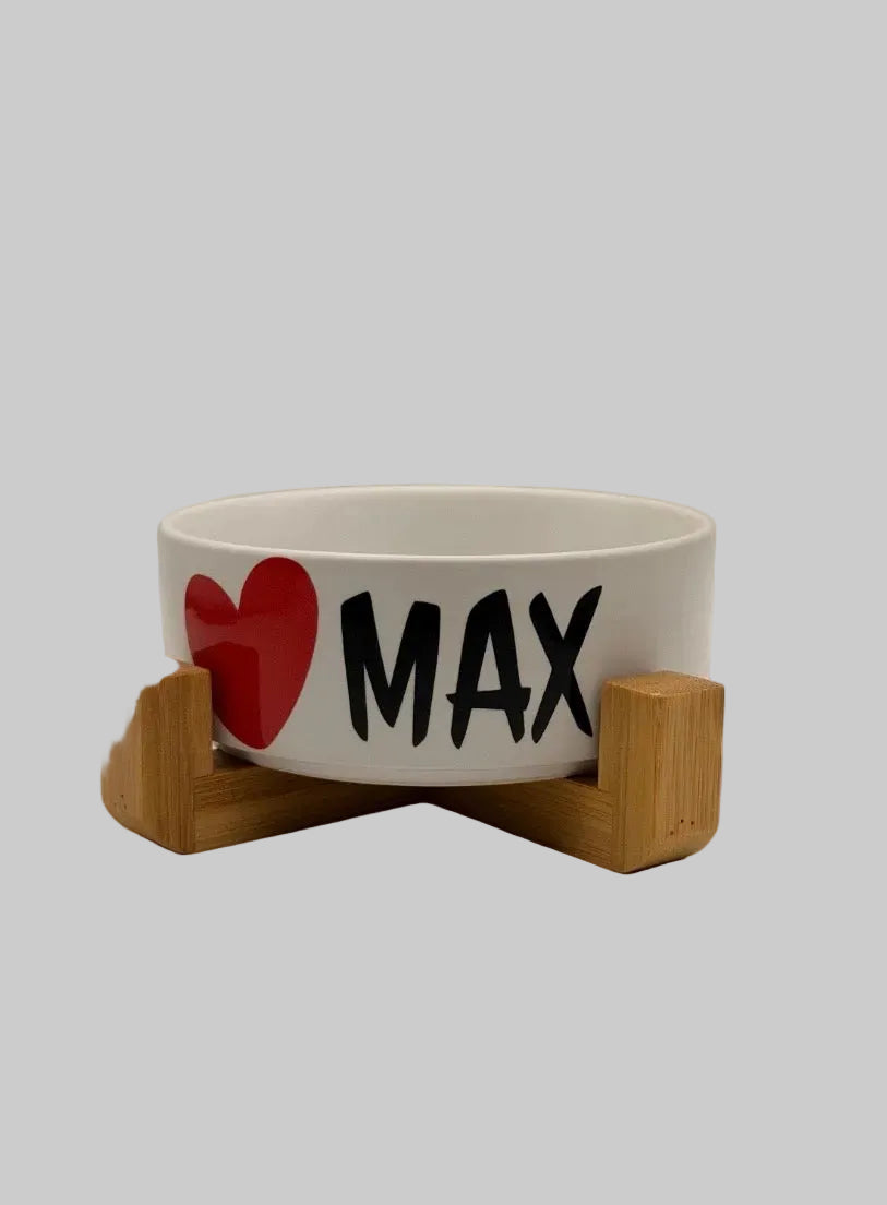 Personalised Pet Food and Water Bowl with Bamboo Stand