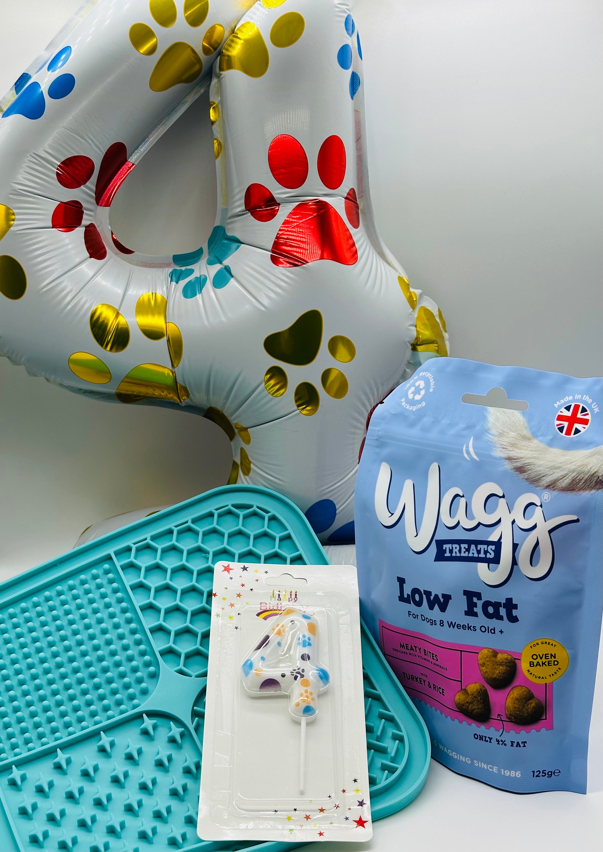 Pet birthday number balloon, candle, lick mat and treats set