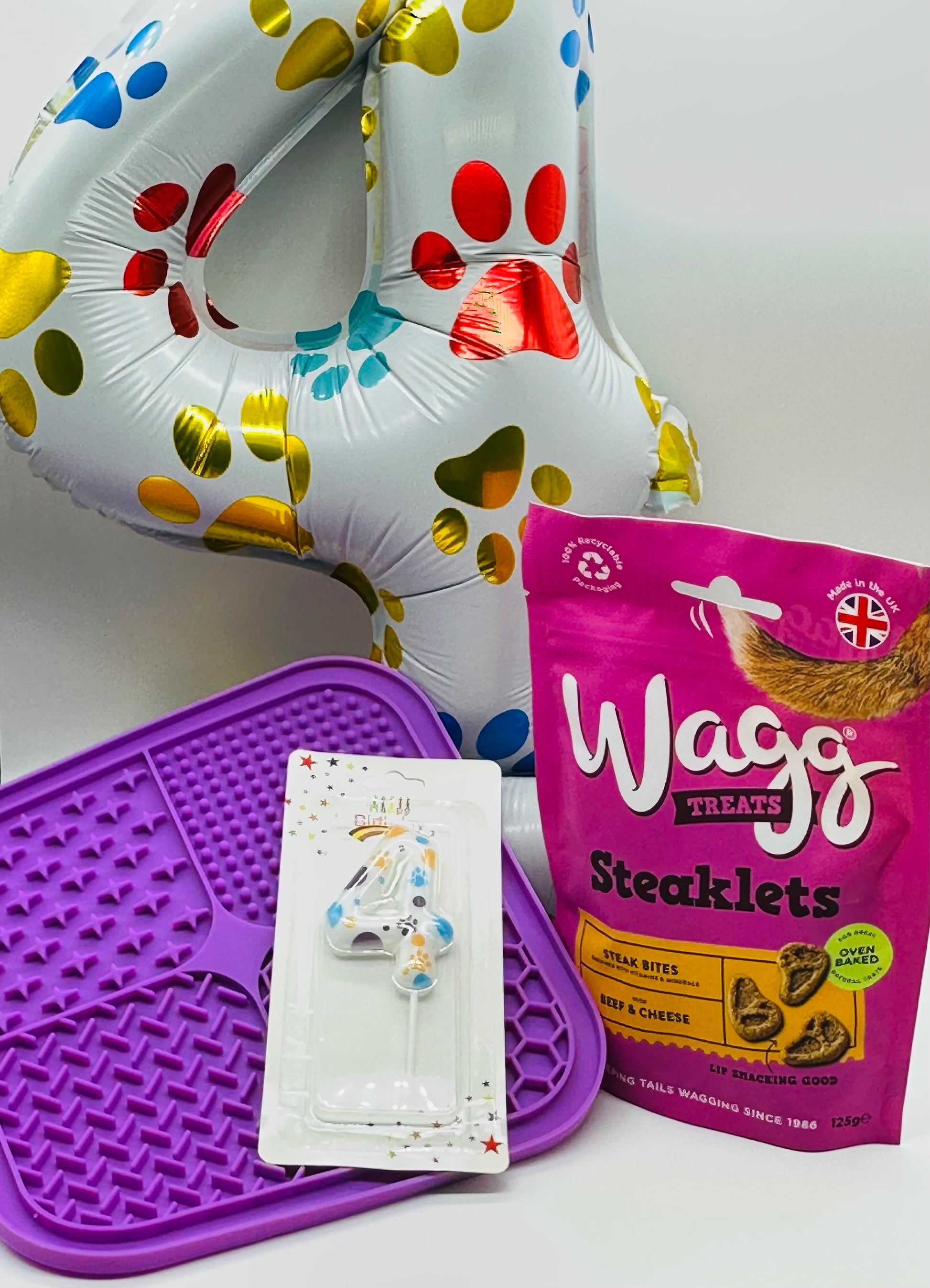 Pet birthday number balloon, candle, lick mat and treats set