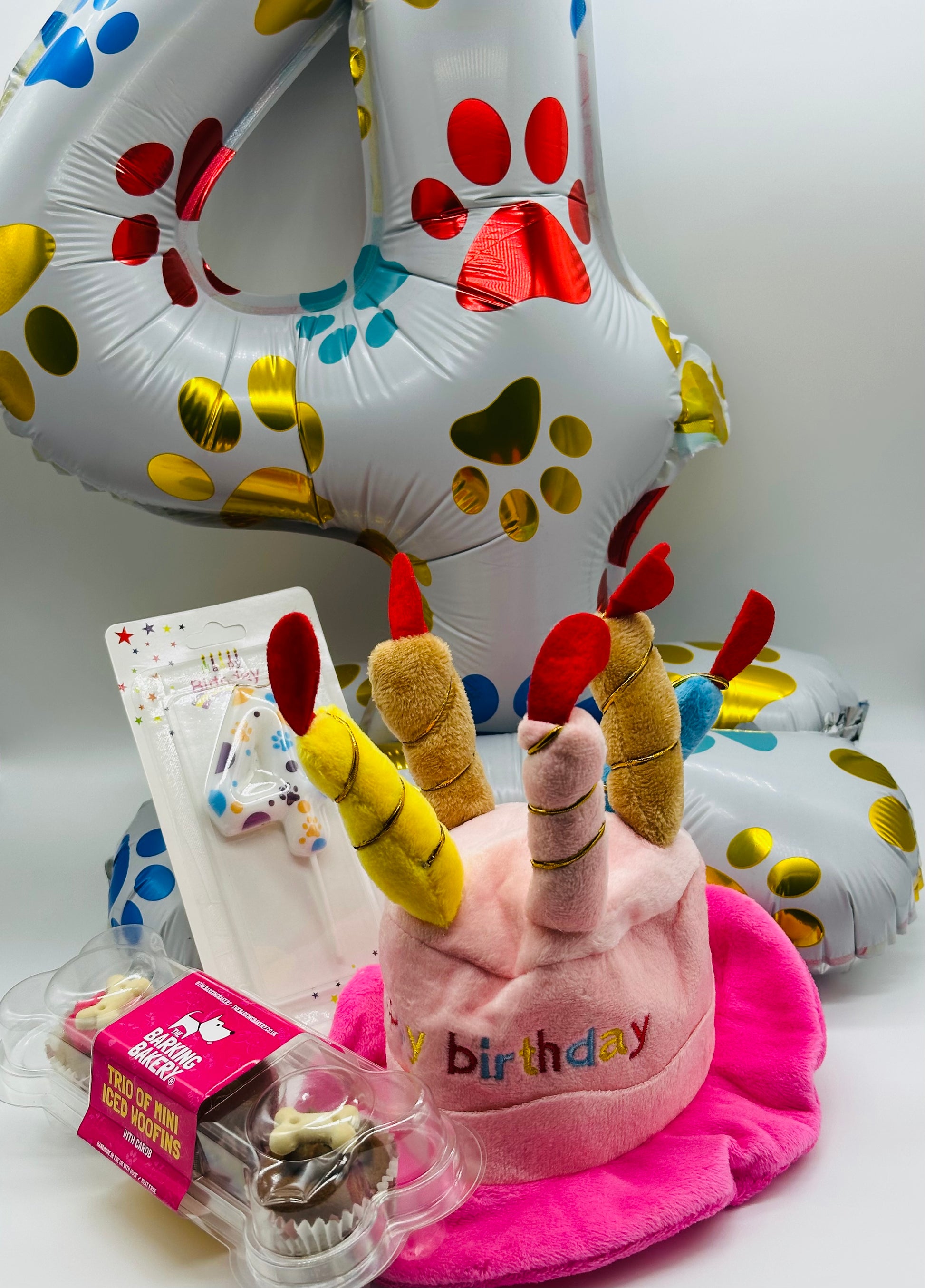 Dog number balloon, candle, birthday hat and cupcake surprise