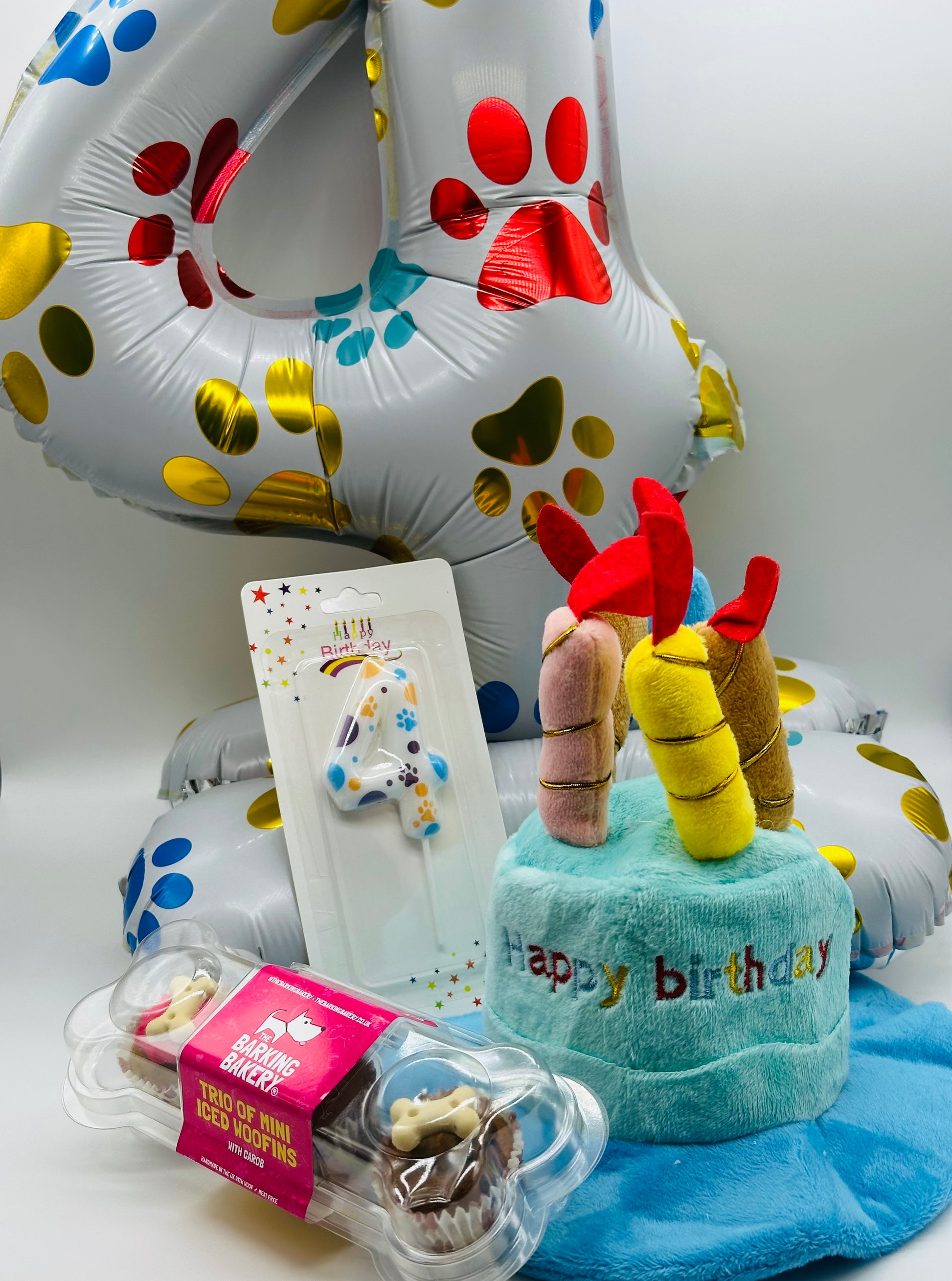 Dog number balloon, candle, birthday hat and cupcake surprise