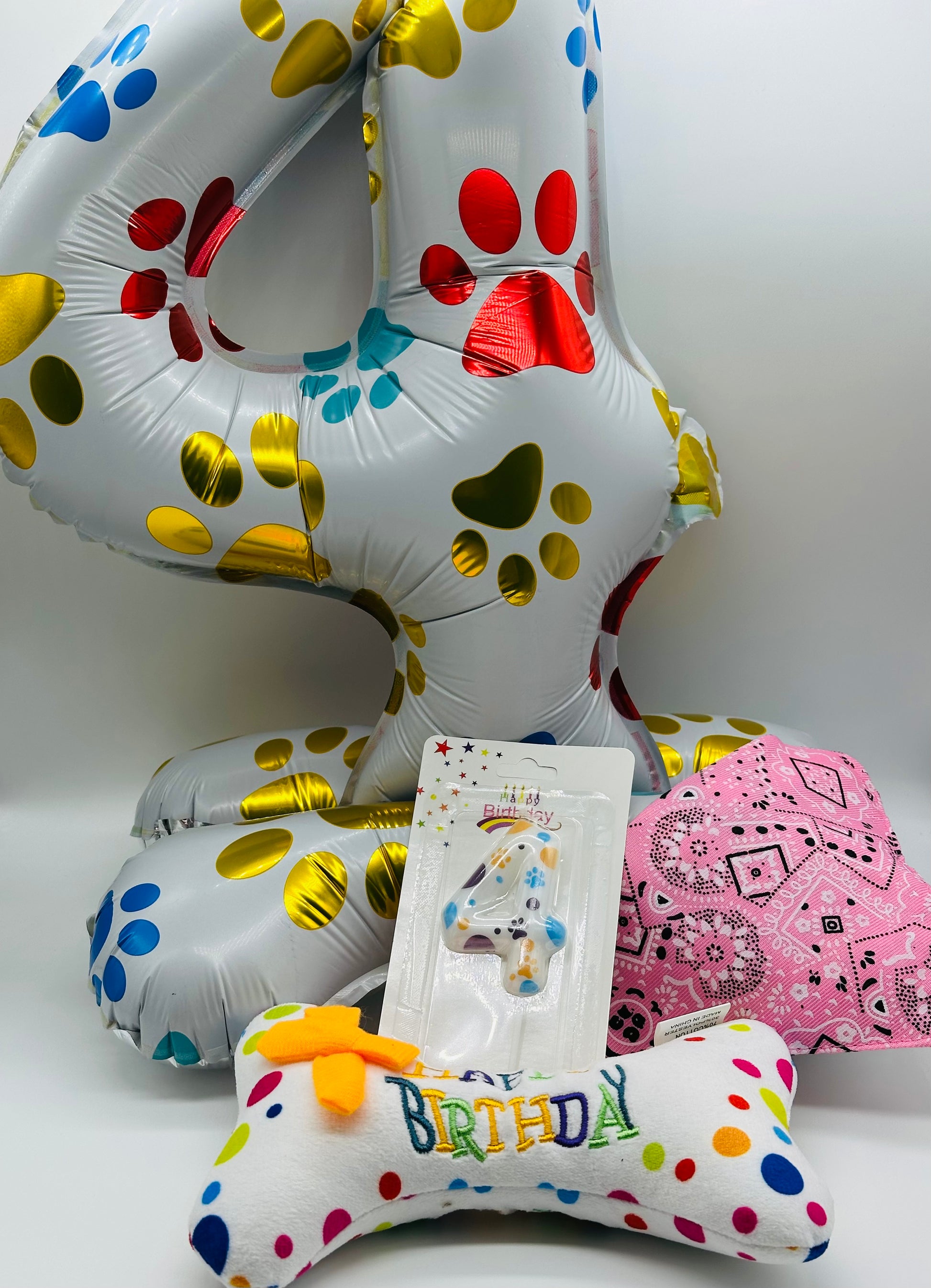 Pet number balloon, candle, bandana, happy birthday pillow and ball set
