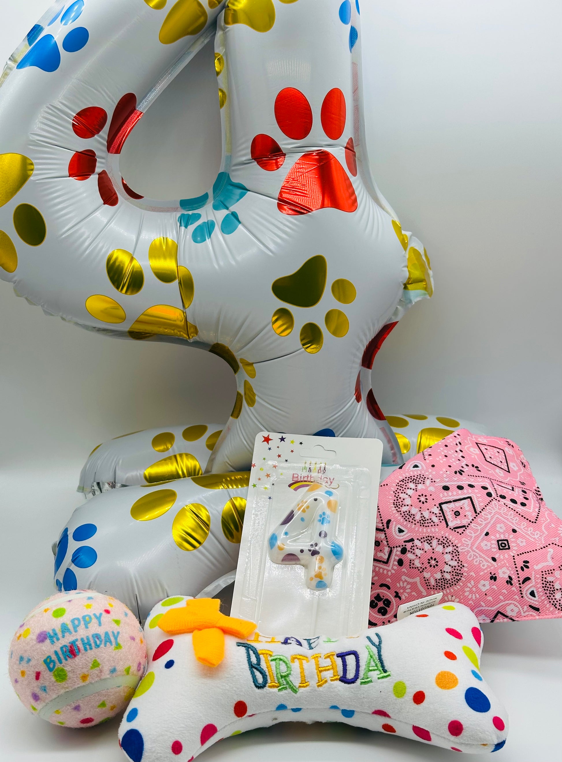 Pet number balloon, candle, bandana, happy birthday pillow and ball set