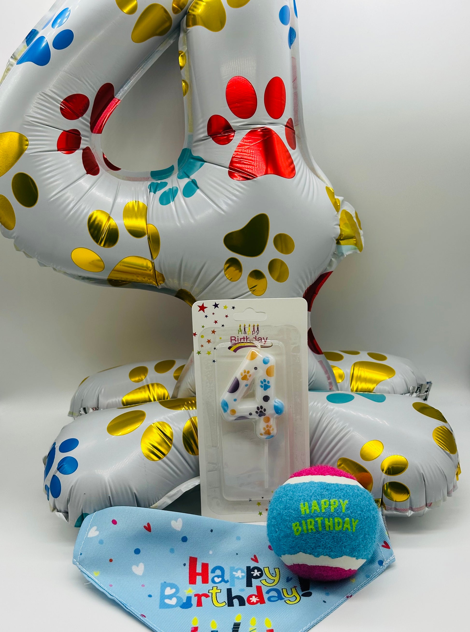 Pet number balloon, candle, bandana and happy birthday ball
