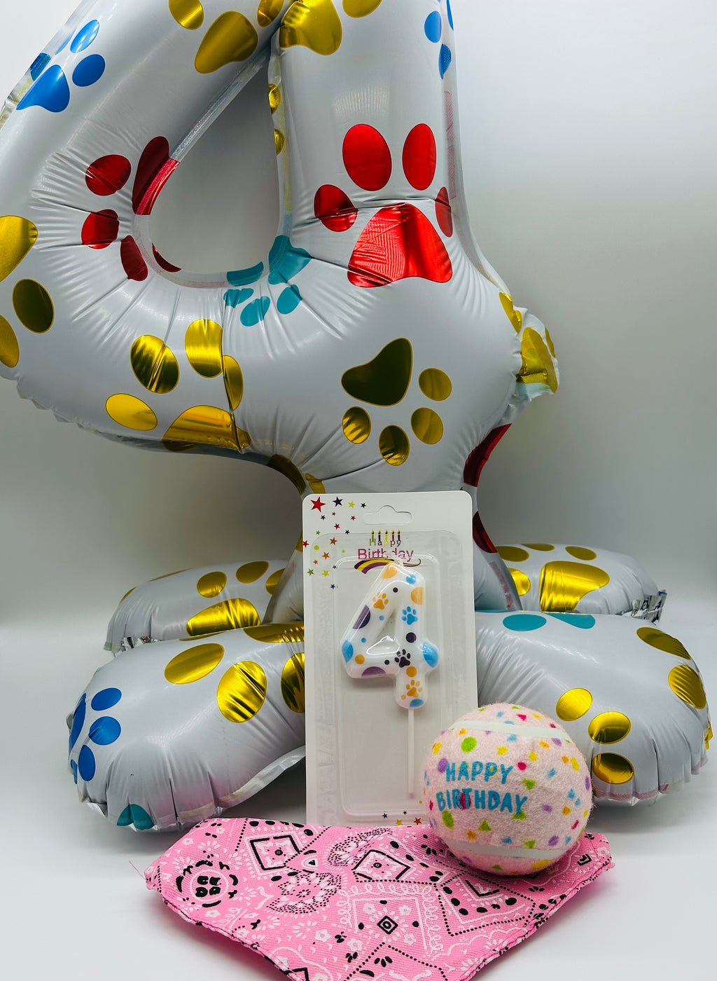 Pet number balloon, candle, bandana and happy birthday ball