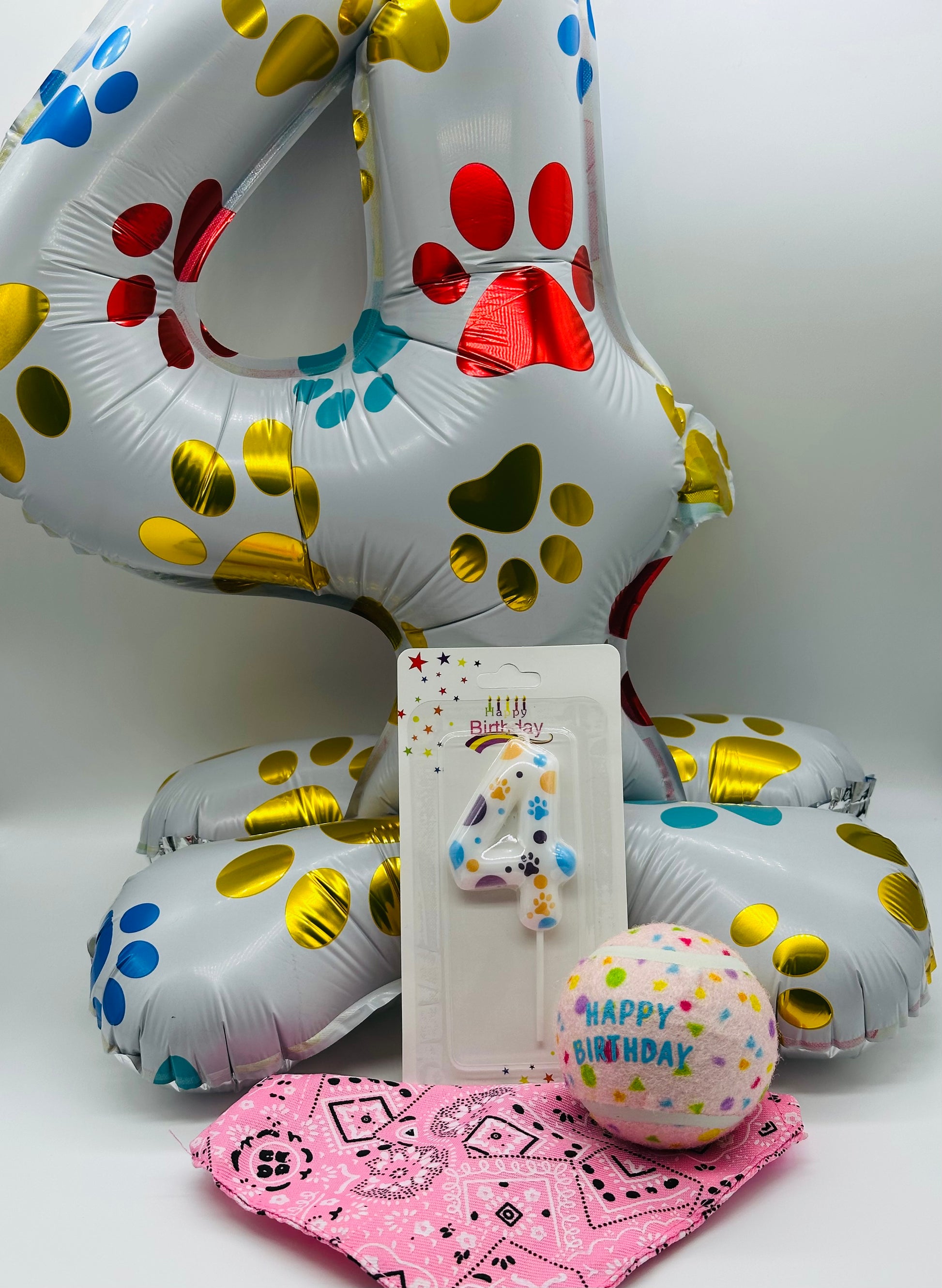 Pet number balloon, candle, bandana and happy birthday ball