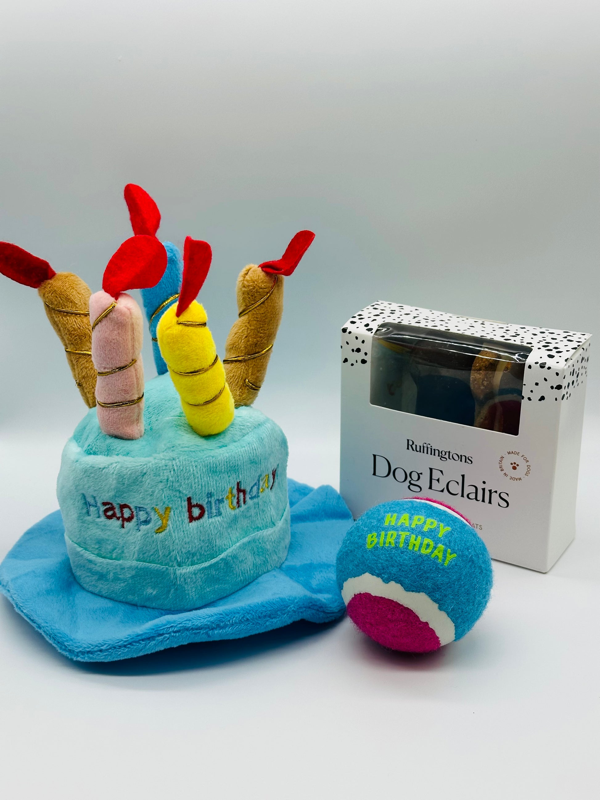 Dog birthday hat, birthday ball and dog eclairs