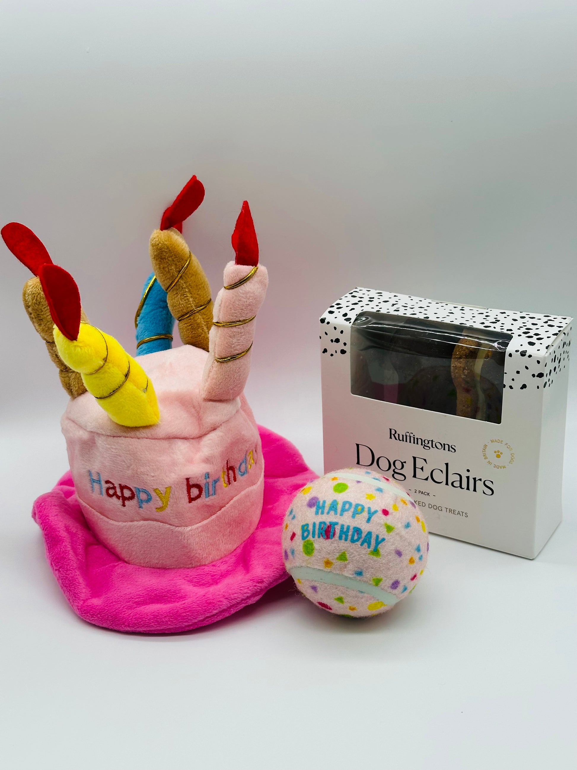 Dog birthday hat, birthday ball and dog eclairs