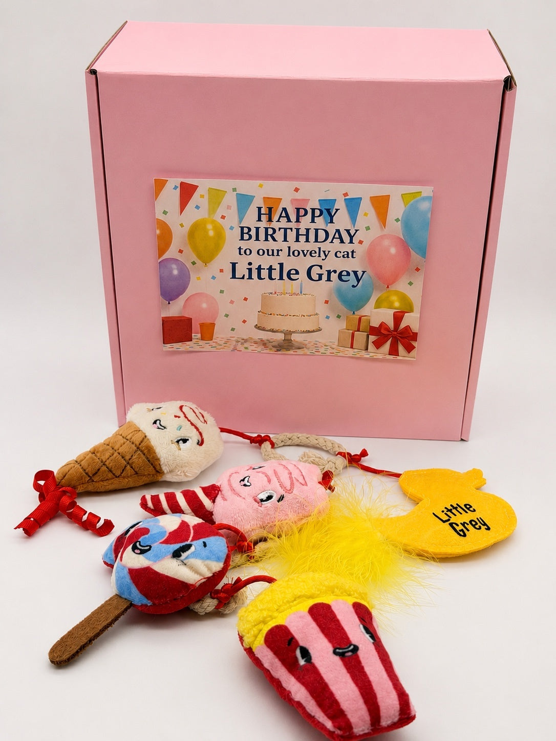 Personalised Cat Birthday Gift Box – Toys, Treats, Party Hat (Salmon/Chicken)