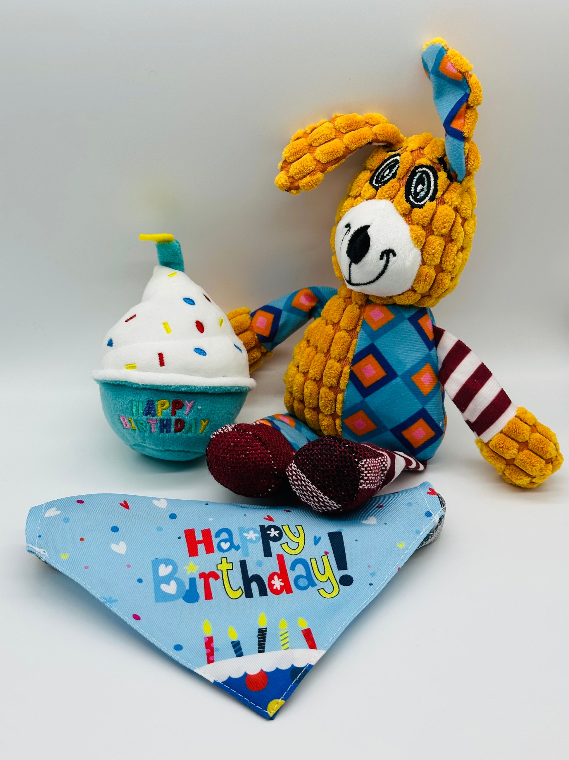 Dog Birthday Gift Set – Toy, Cupcake Plush & Bandana