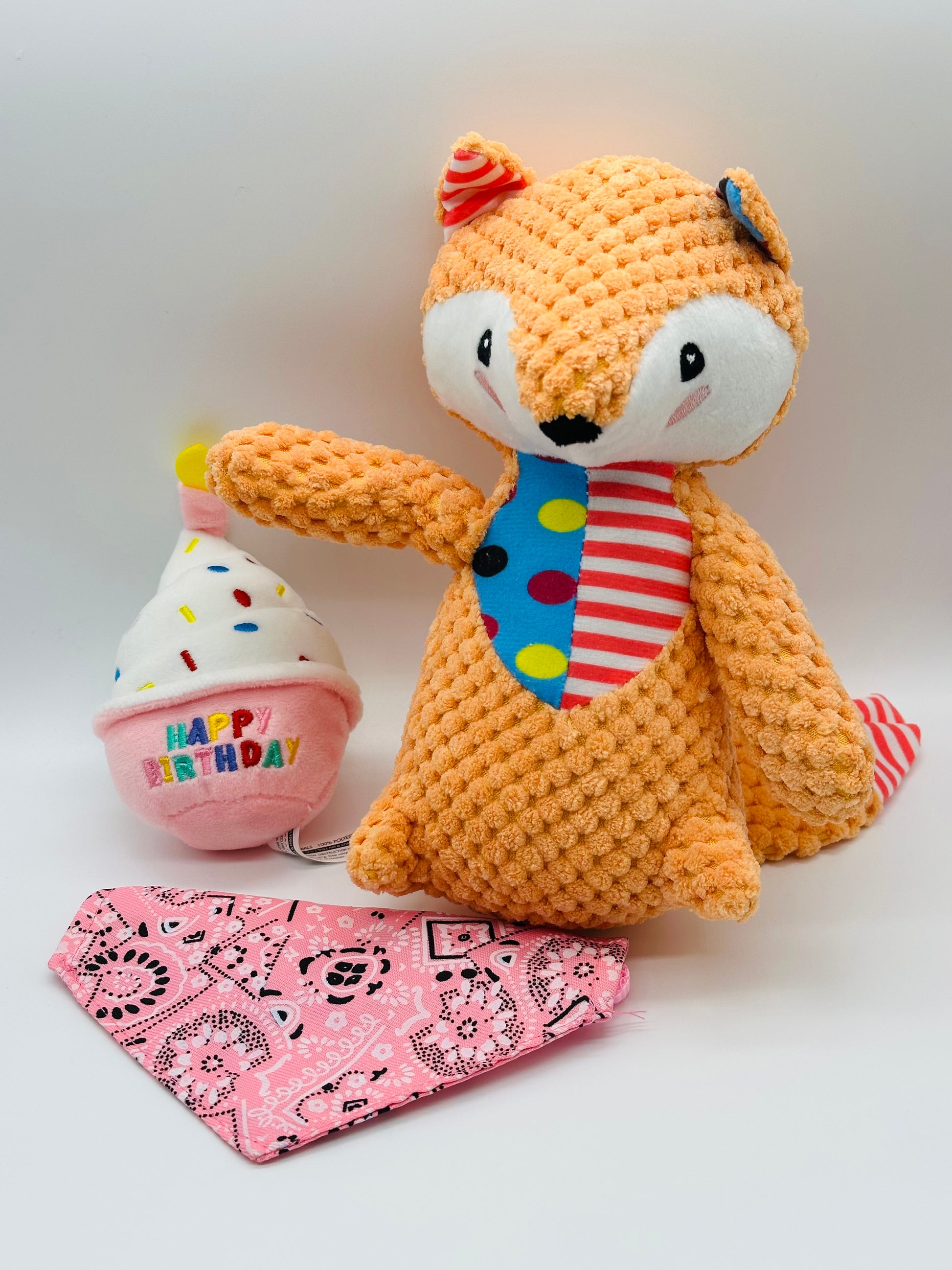 Dog Birthday Gift Set – Toy, Cupcake Plush & Bandana