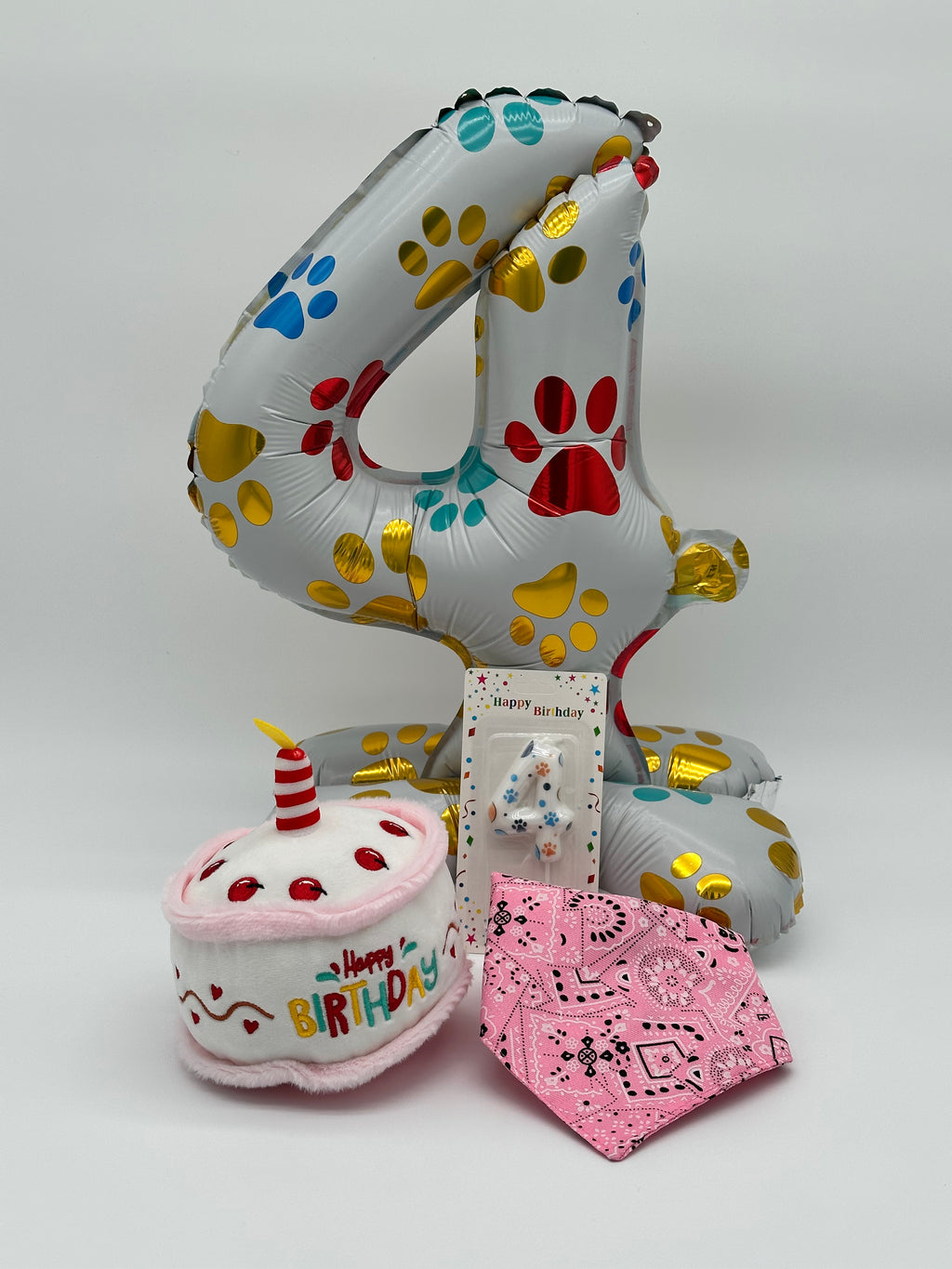 Personalised Dog Birthday Box with number balloon, candle, bandana, cupcake or cake