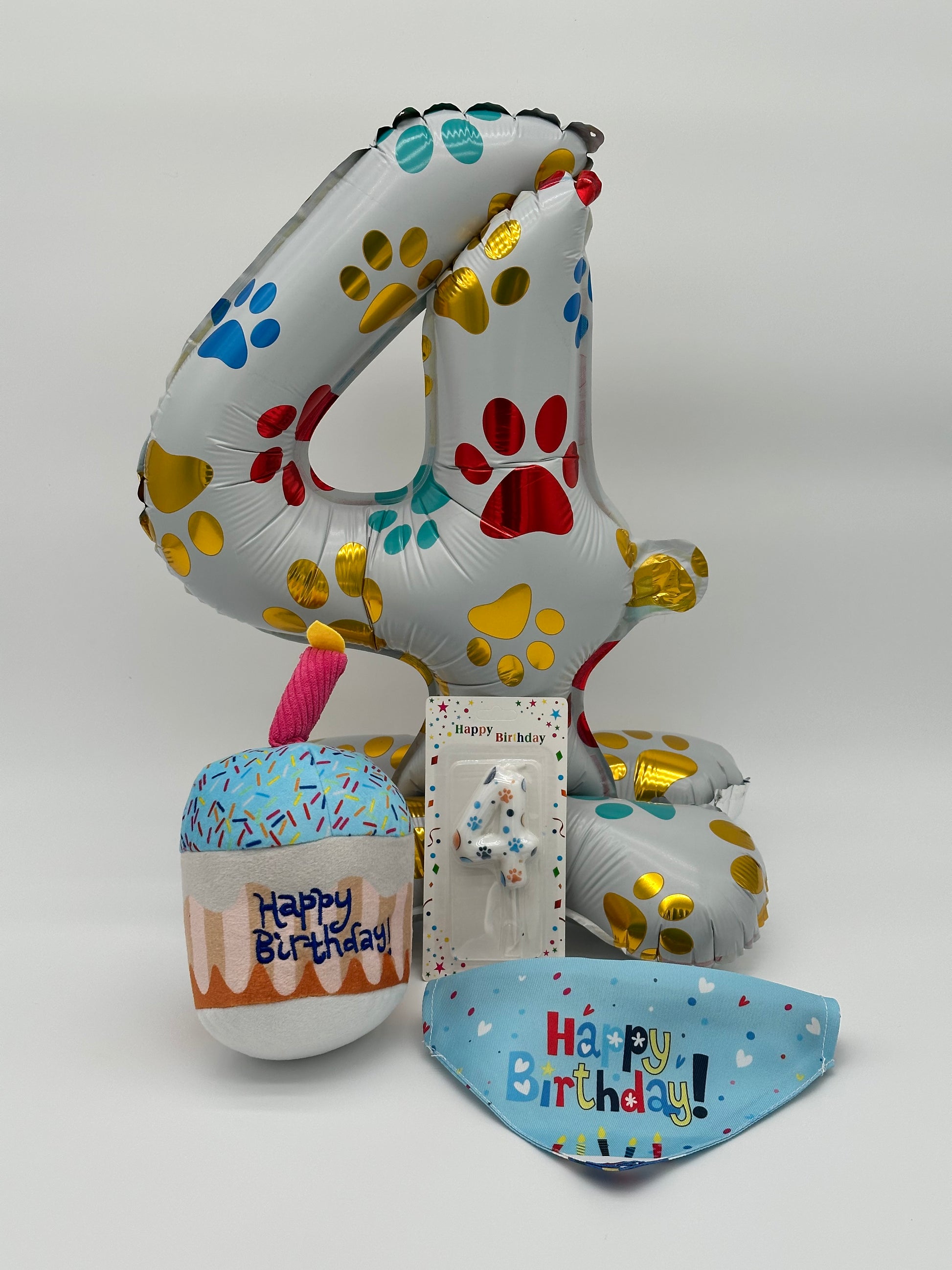 Personalised Dog Birthday Box with number balloon, candle, bandana, cupcake or cake