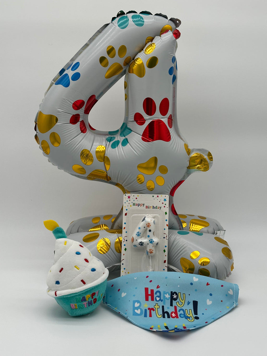Personalised Dog Birthday Box – with number balloon, candle, bandana, ball and cupcake