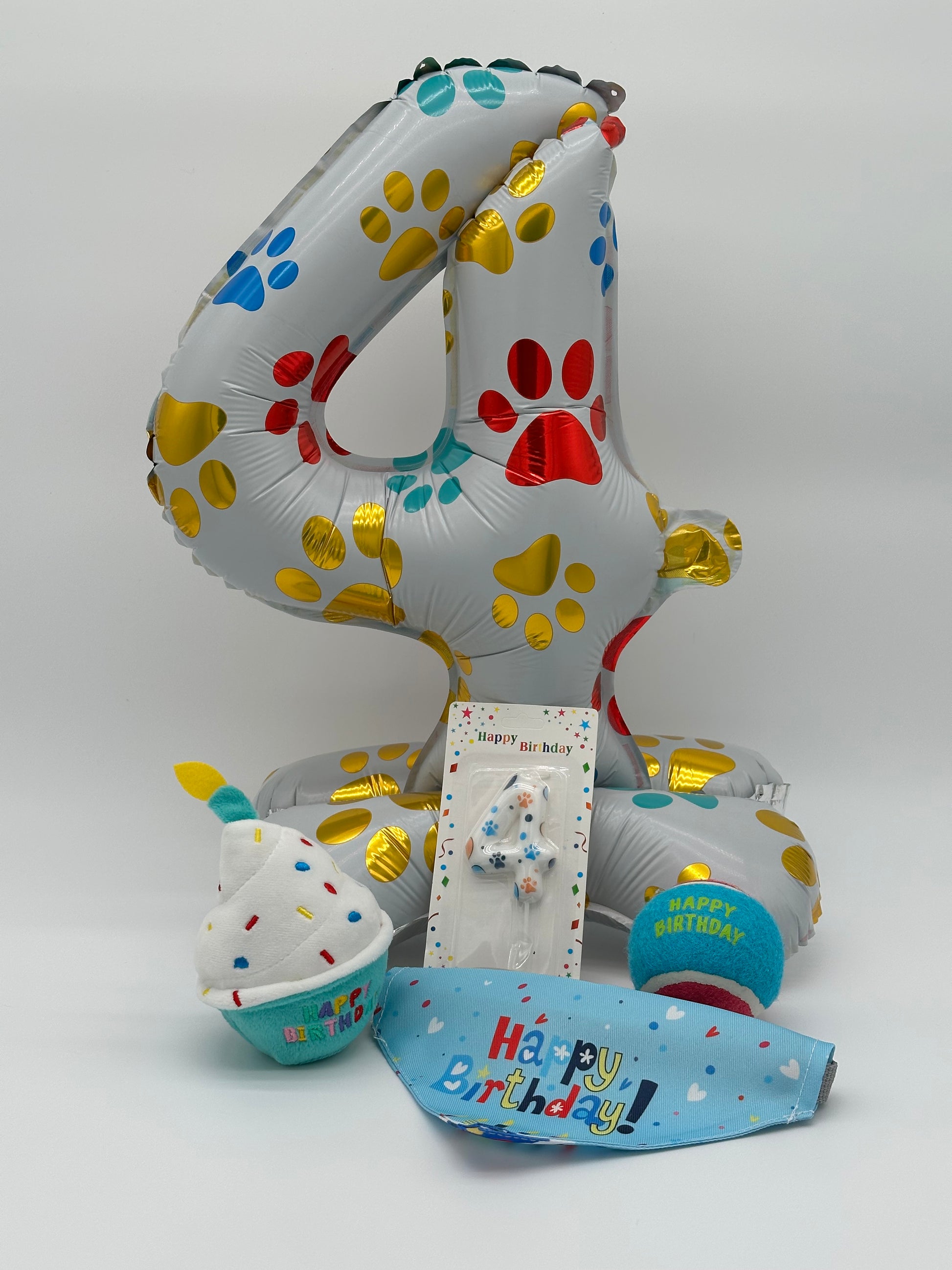 Personalised Dog Birthday Box – with number balloon, candle, bandana, ball and cupcake