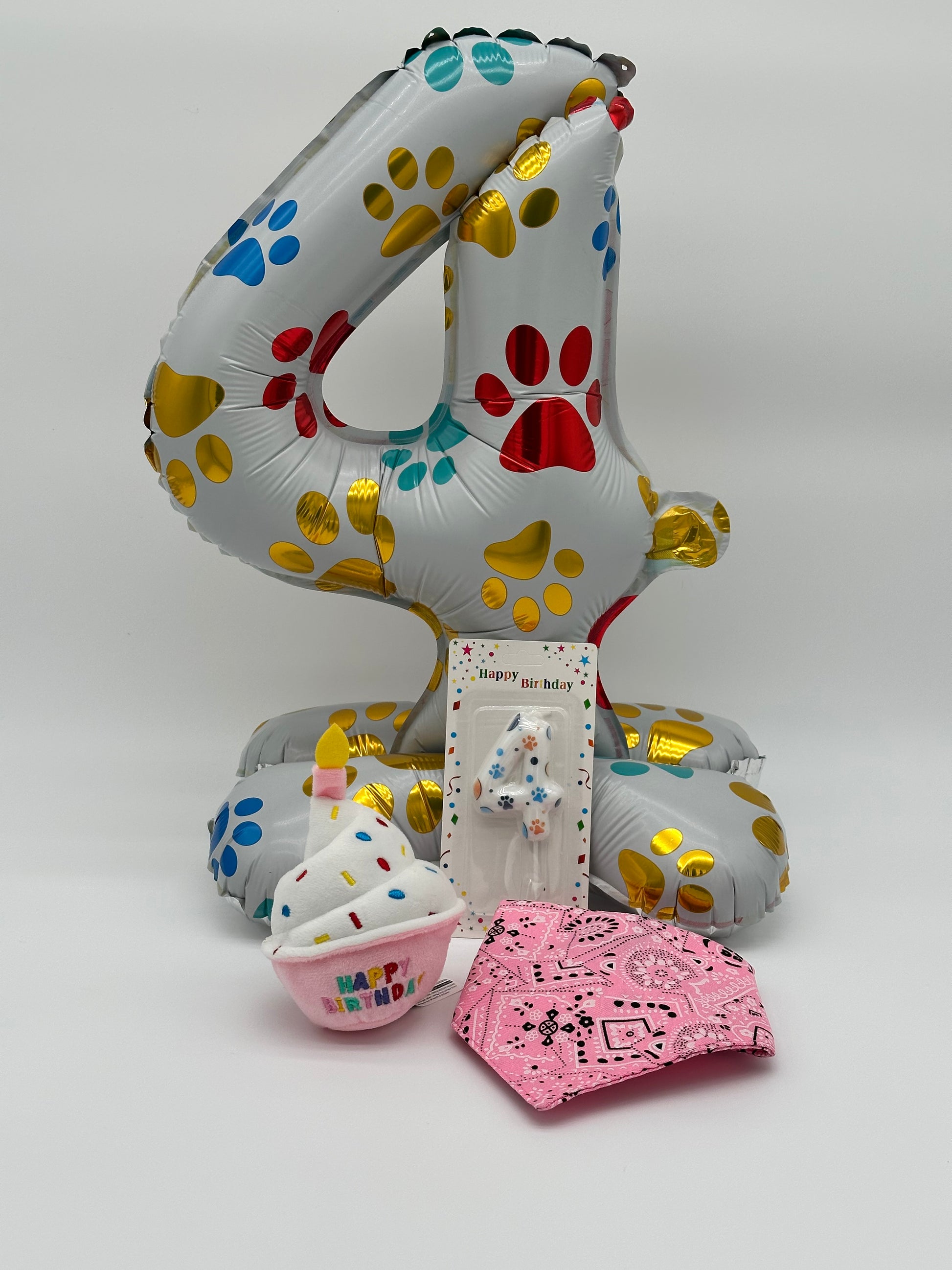 Personalised Dog Birthday Box – with number balloon, candle, bandana, ball and cupcake