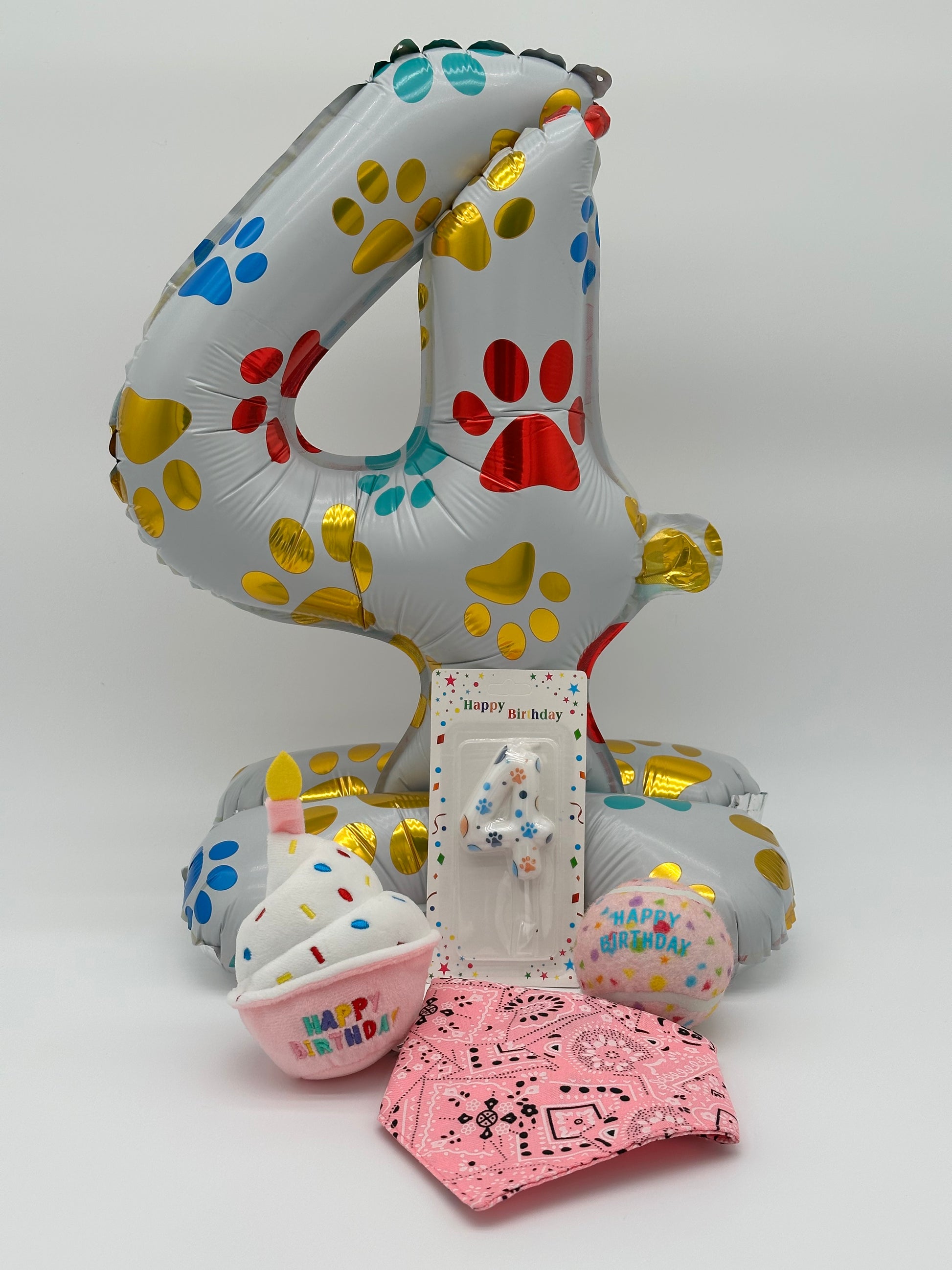 Personalised Dog Birthday Box – with number balloon, candle, bandana, ball and cupcake