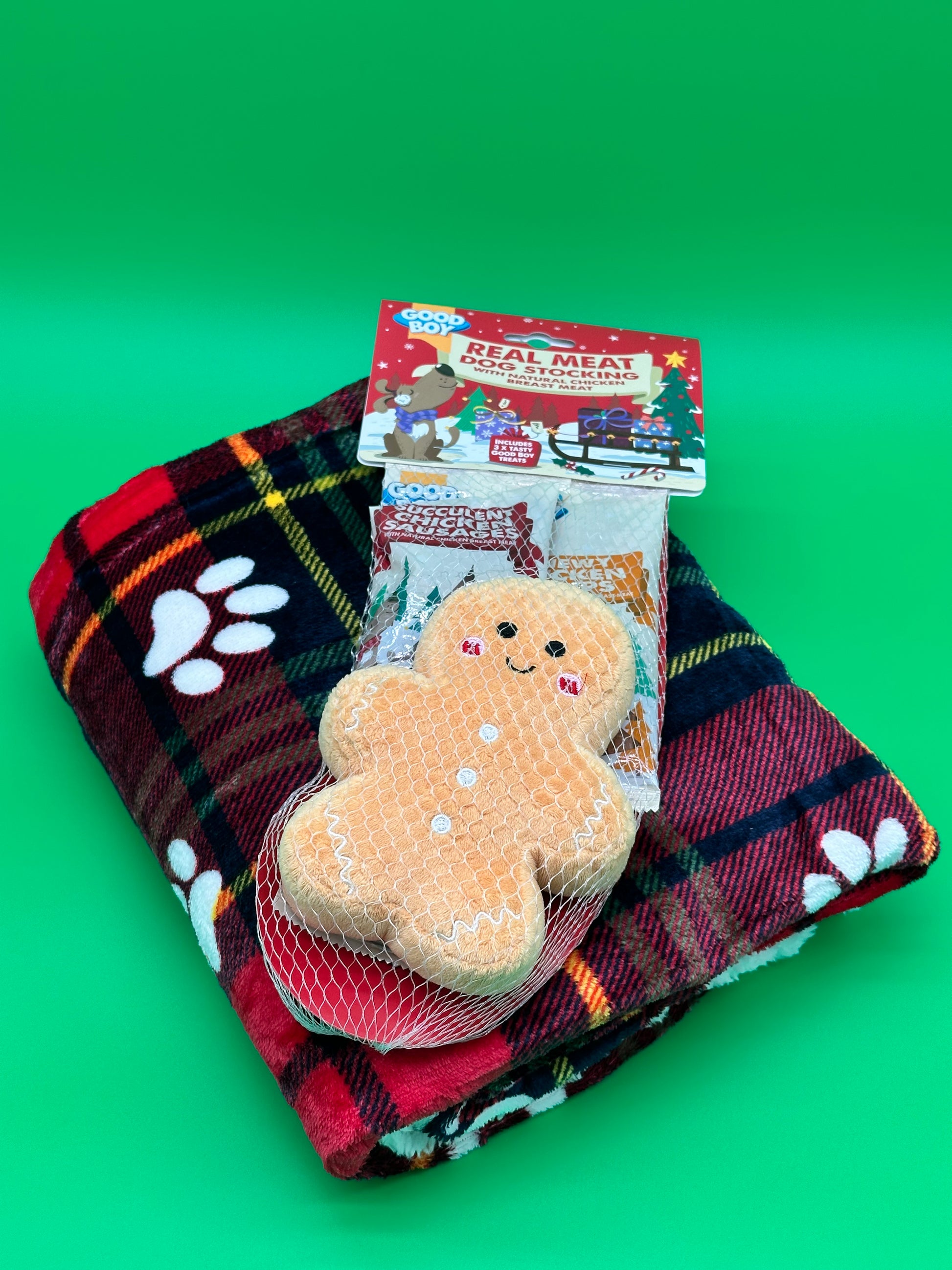 Winter Pet Blanket Gift Set with Toy and Treats – Red Tartan (120 x 100 cm)