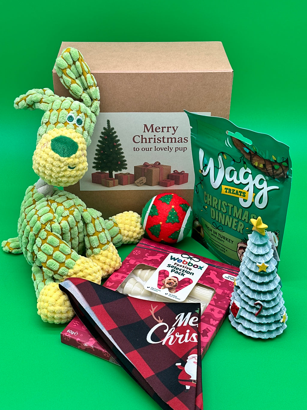 Christmas dog box with teddy, treats, Christmas tree, bandana and ball