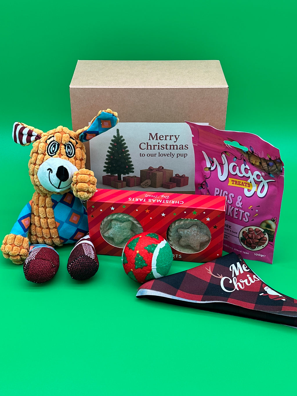 Christmas Dog Box with teddy, mince pies, treats, bandana and ball