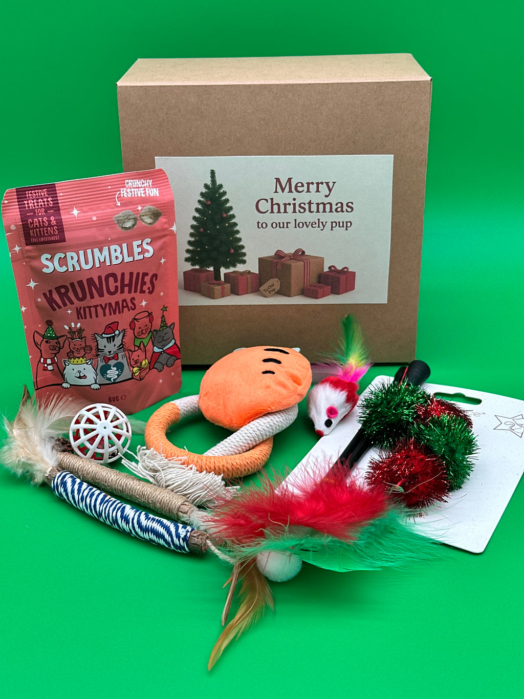 Personalised Cat Christmas gift box with a selection of toys and treats