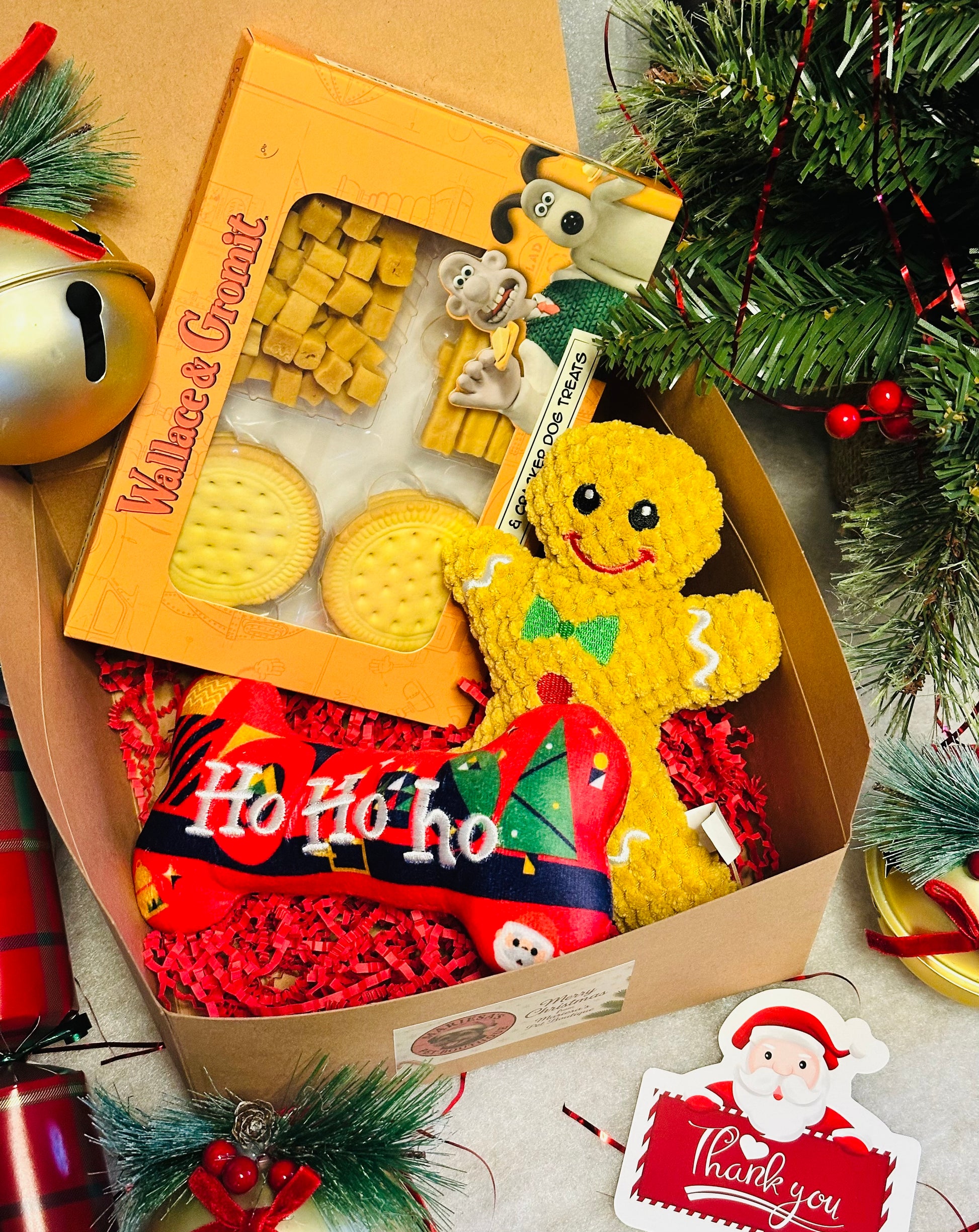 Dog Personalised Christmas box with soft gingerbread toy, squeaky bone and treats