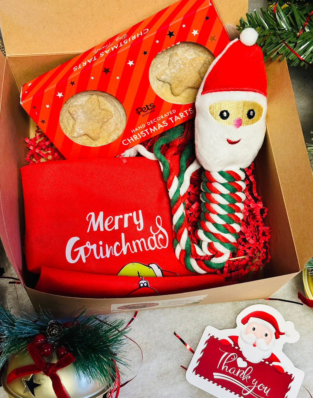Dog Personalised Christmas box with a Santa rope toy, Christmas bandana and treats