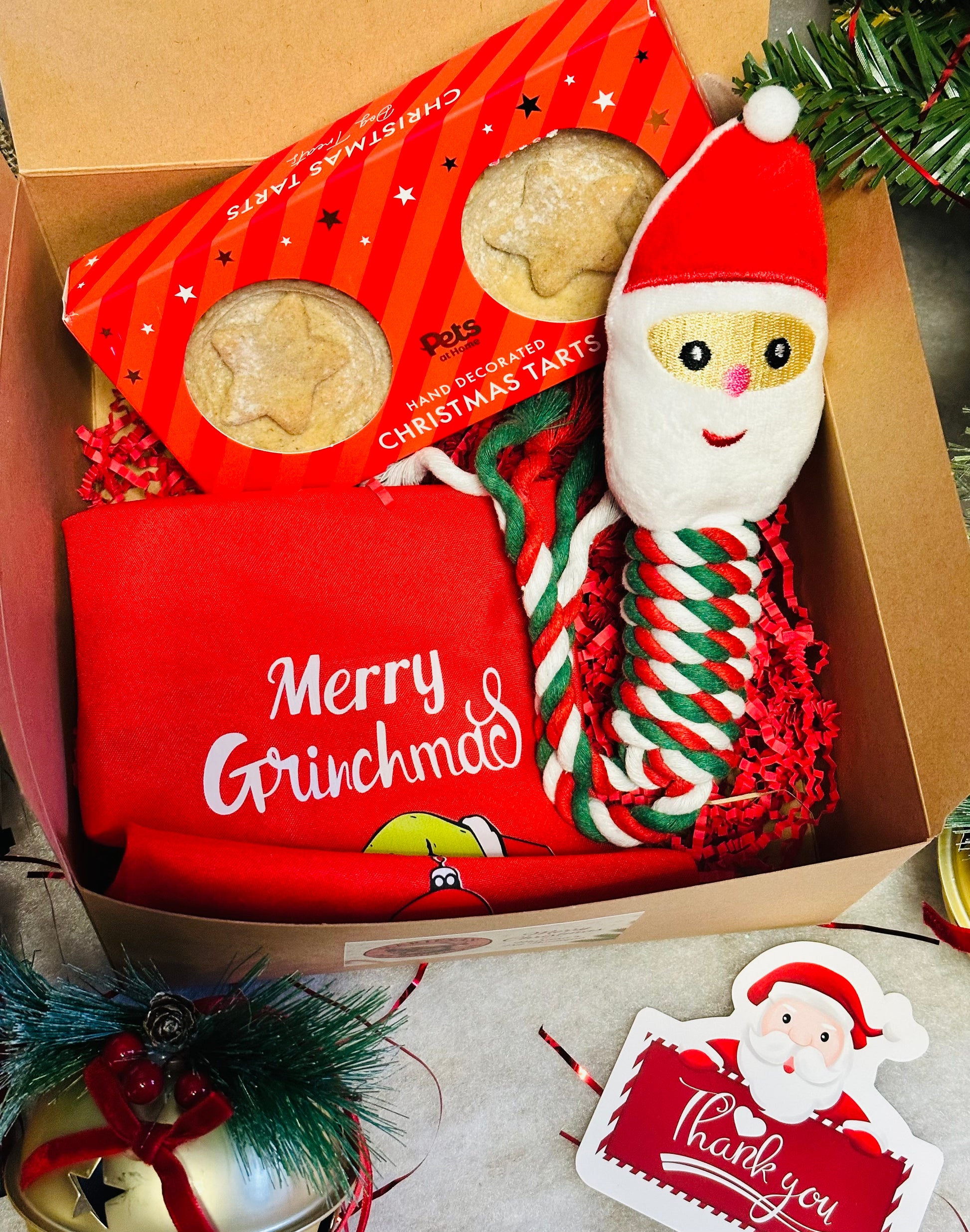 Dog Personalised Christmas box with a Santa rope toy, Christmas bandana and treats