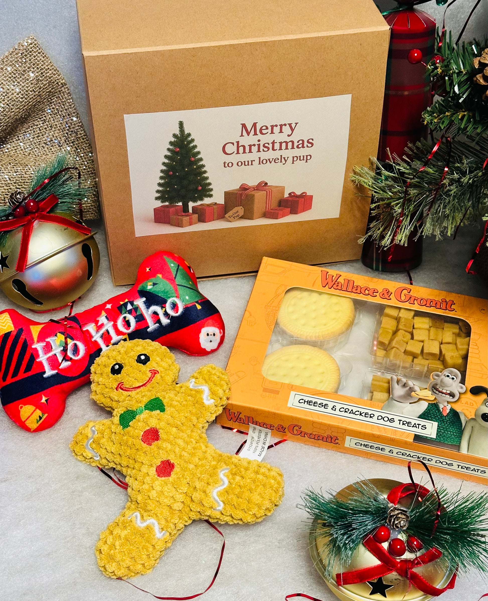 Dog Personalised Christmas box with soft gingerbread toy, squeaky bone and treats