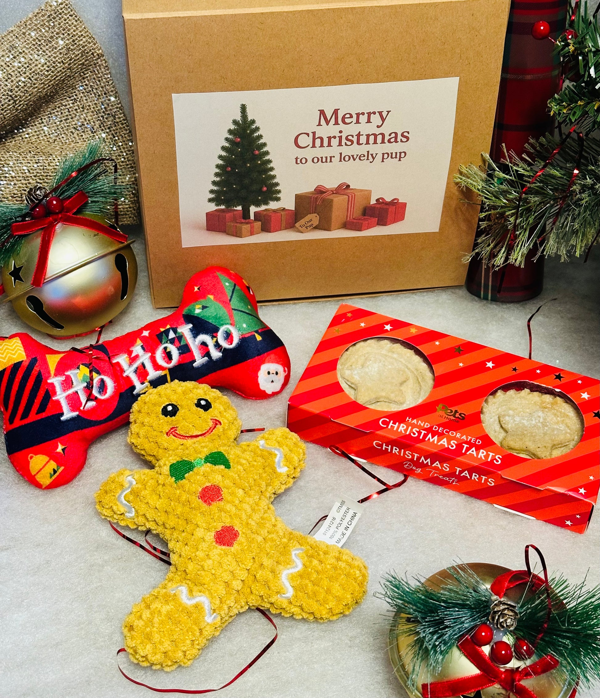 Dog Personalised Christmas box with soft gingerbread toy, squeaky bone and treats