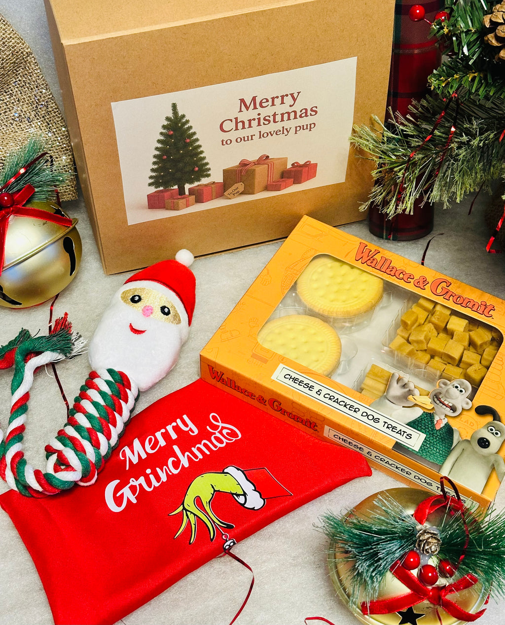 Dog Personalised Christmas box with a Santa rope toy, Christmas bandana and treats