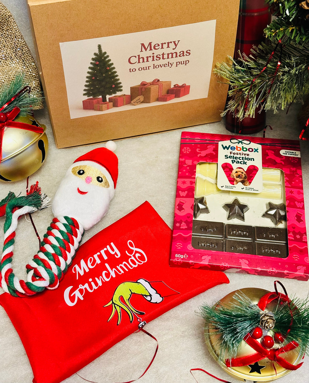 Dog Personalised Christmas box with a Santa rope toy, Christmas bandana and treats