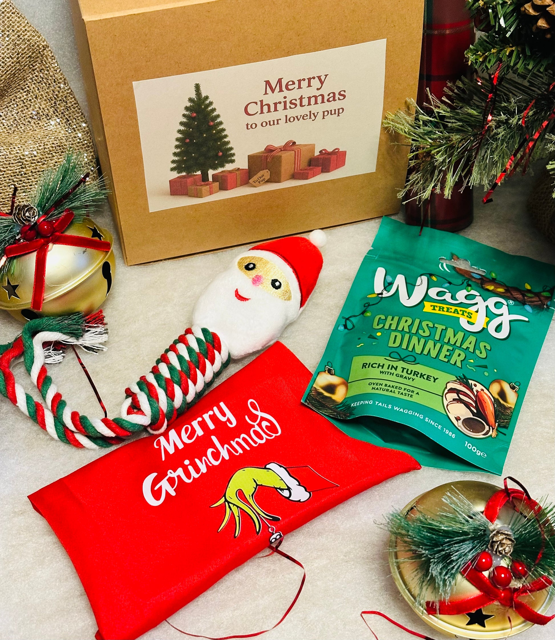 Dog Personalised Christmas box with a Santa rope toy, Christmas bandana and treats