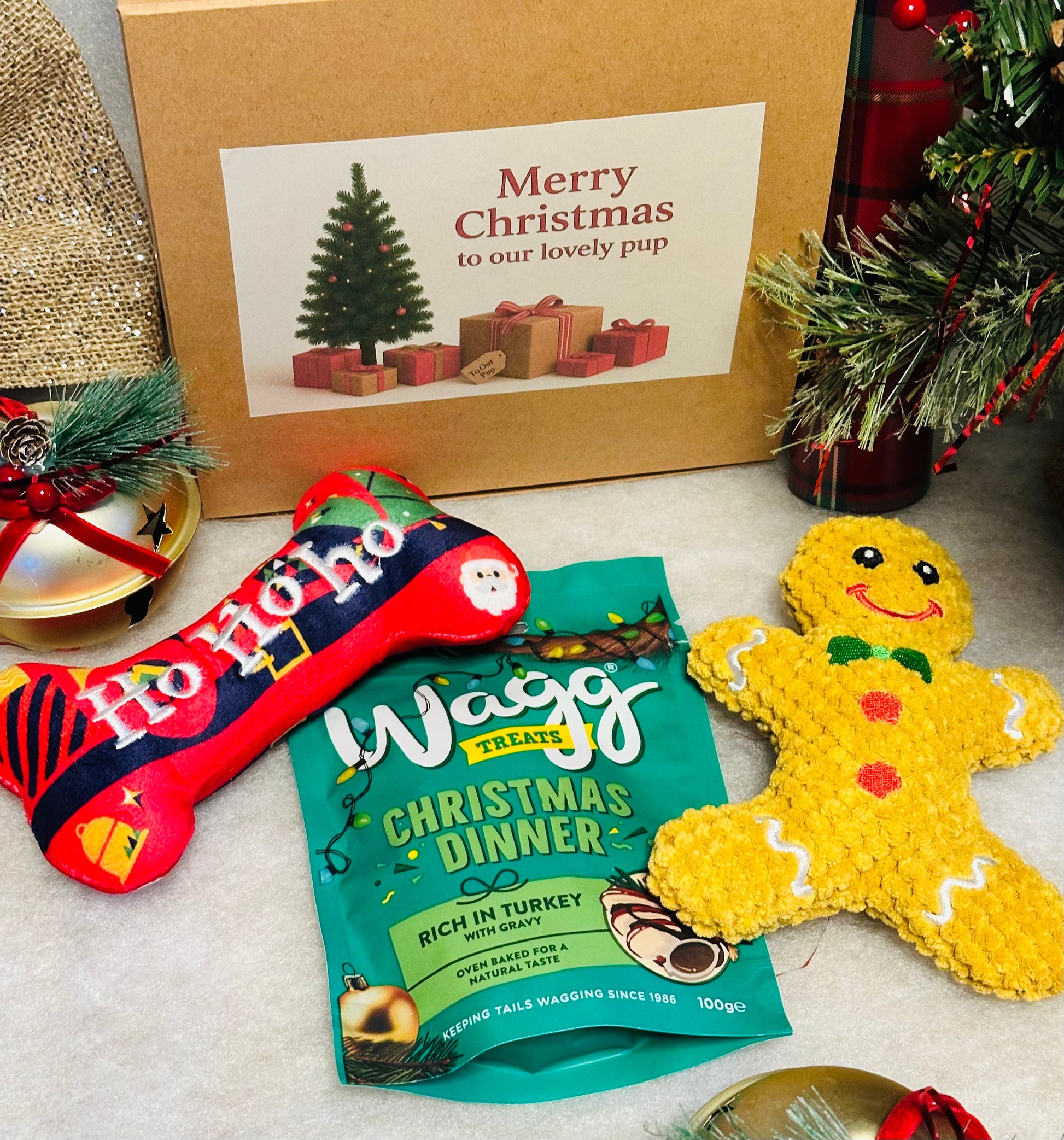 Dog Personalised Christmas box with soft gingerbread toy, squeaky bone and treats