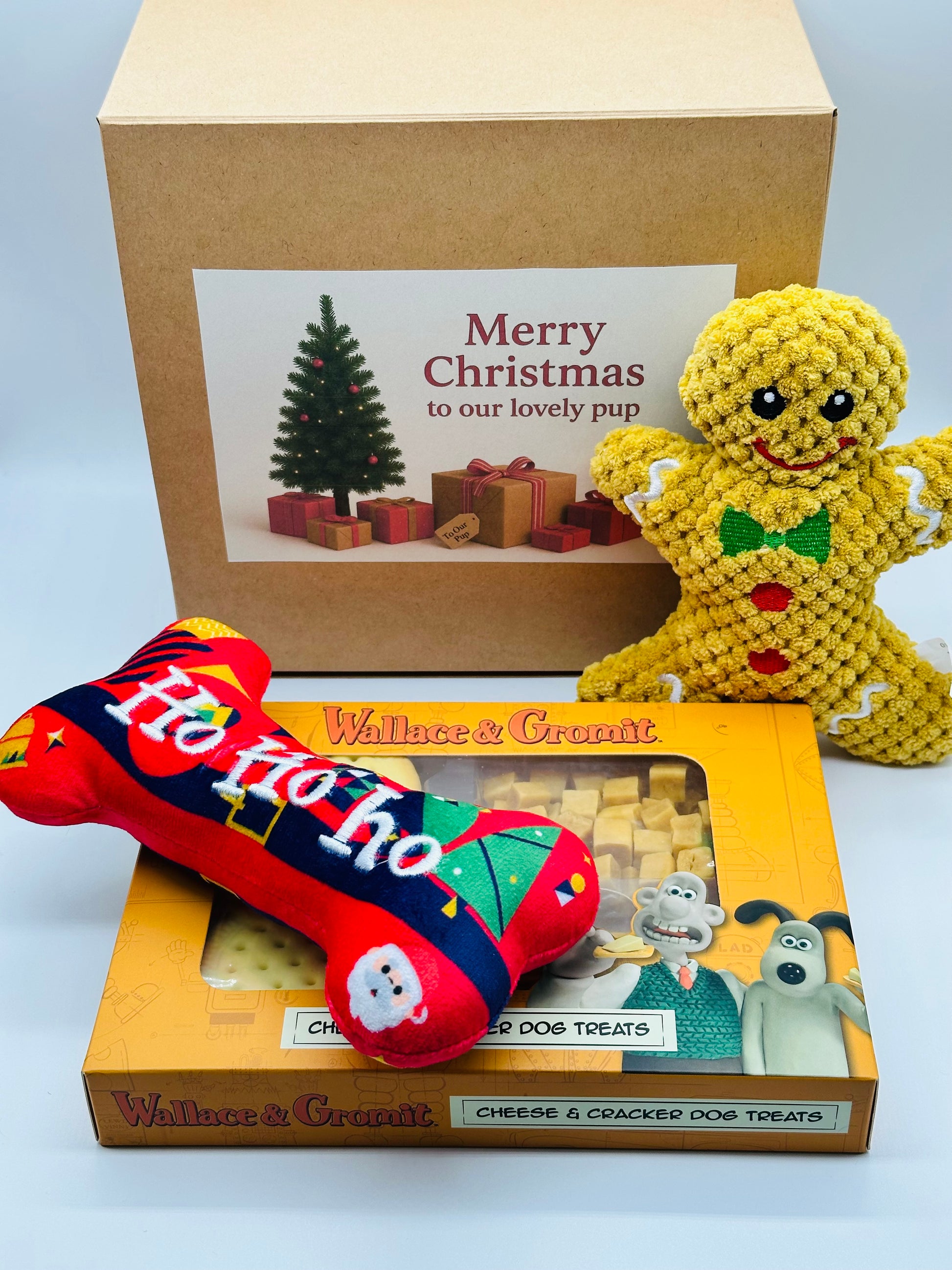 Dog Personalised Christmas box with soft gingerbread toy, squeaky bone and treats
