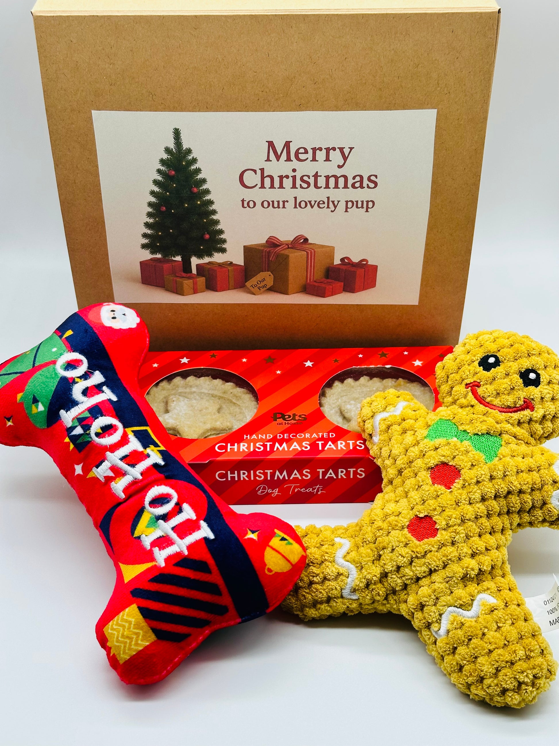 Dog Personalised Christmas box with soft gingerbread toy, squeaky bone and treats
