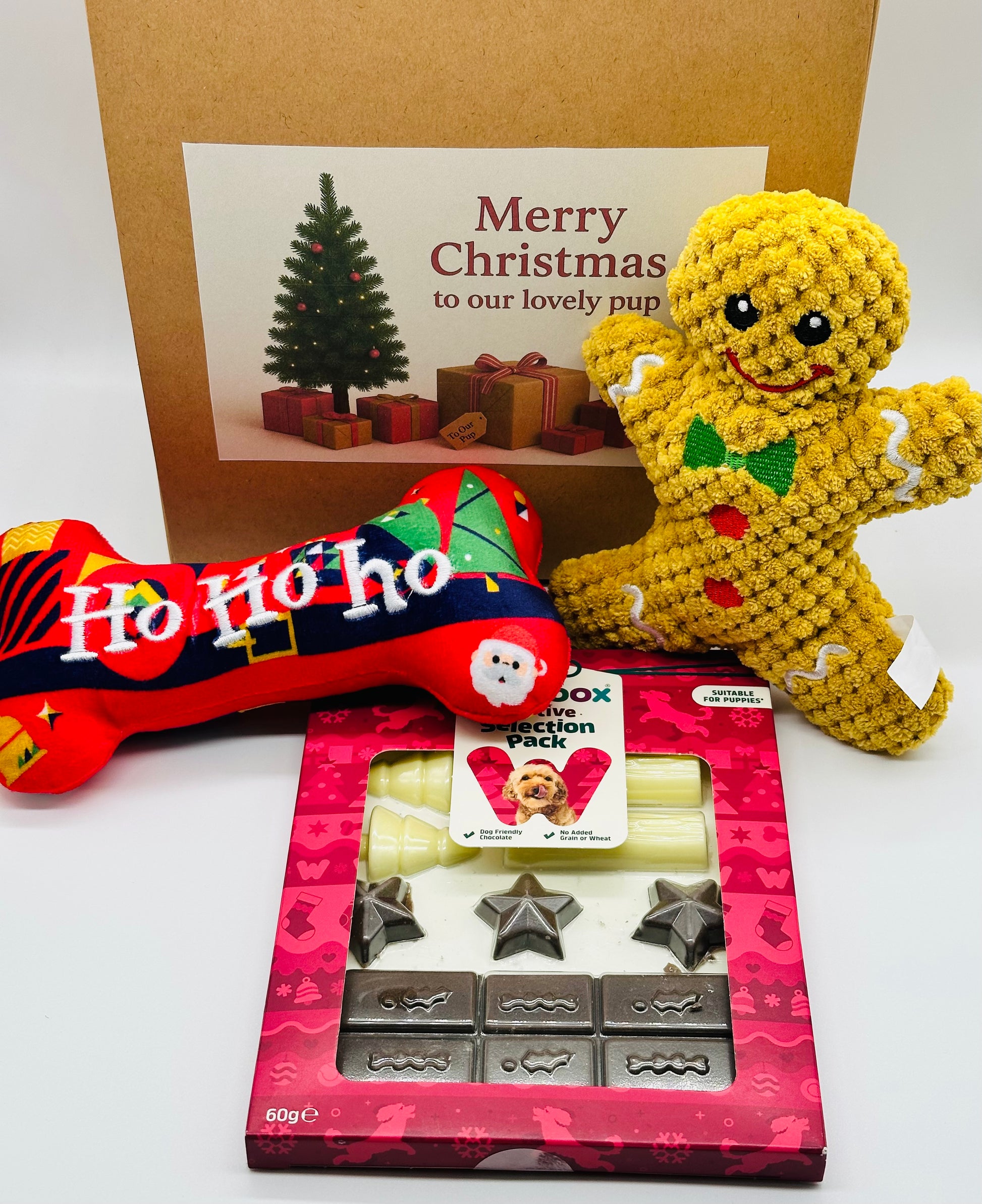 Dog Personalised Christmas box with soft gingerbread toy, squeaky bone and treats