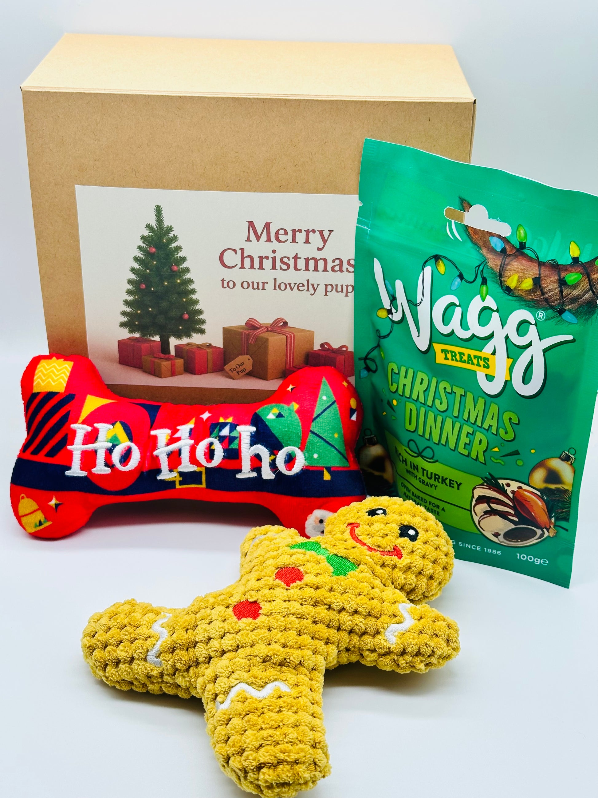 Dog Personalised Christmas box with soft gingerbread toy, squeaky bone and treats