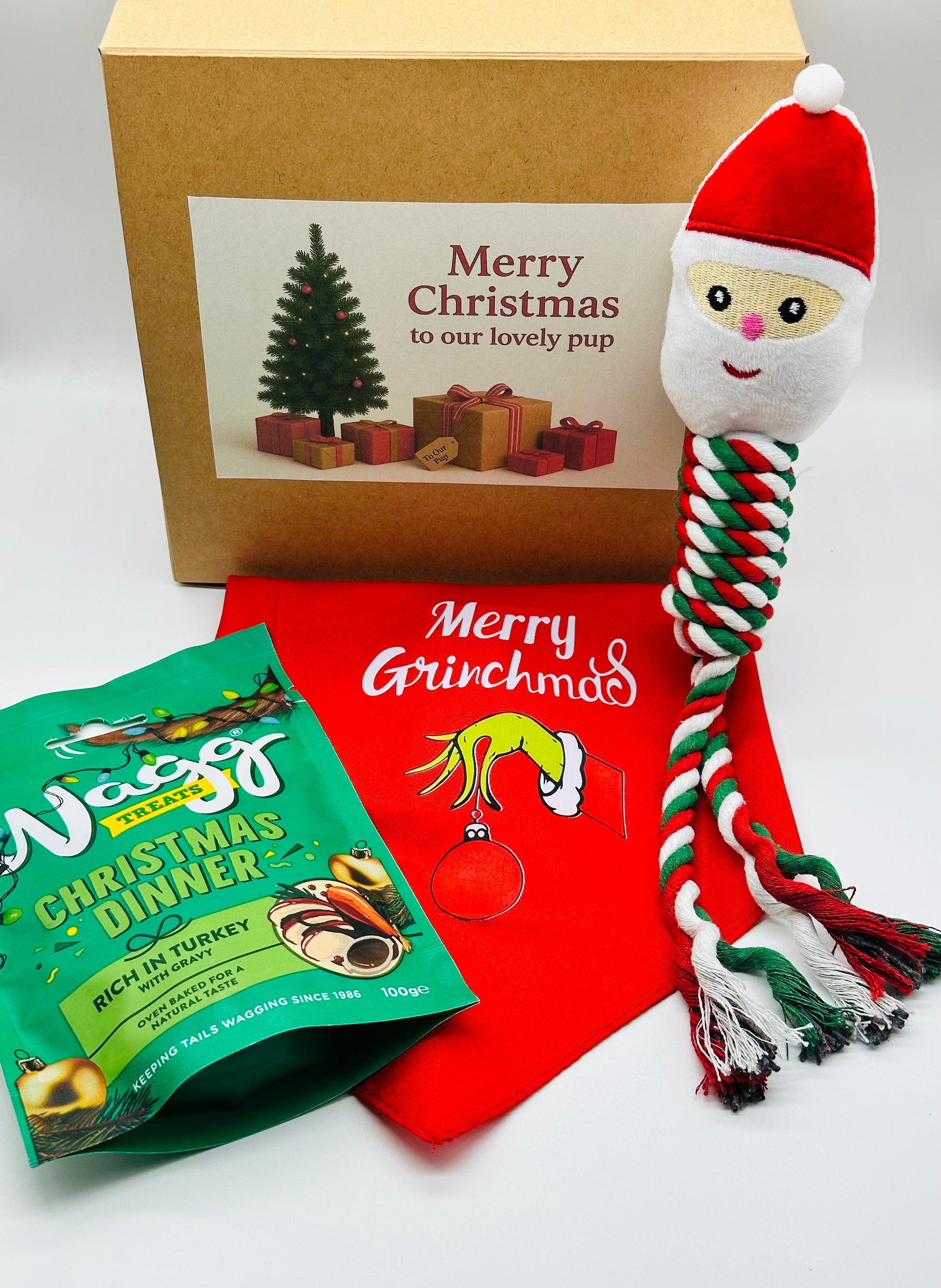 Dog Personalised Christmas box with a Santa rope toy, Christmas bandana and treats