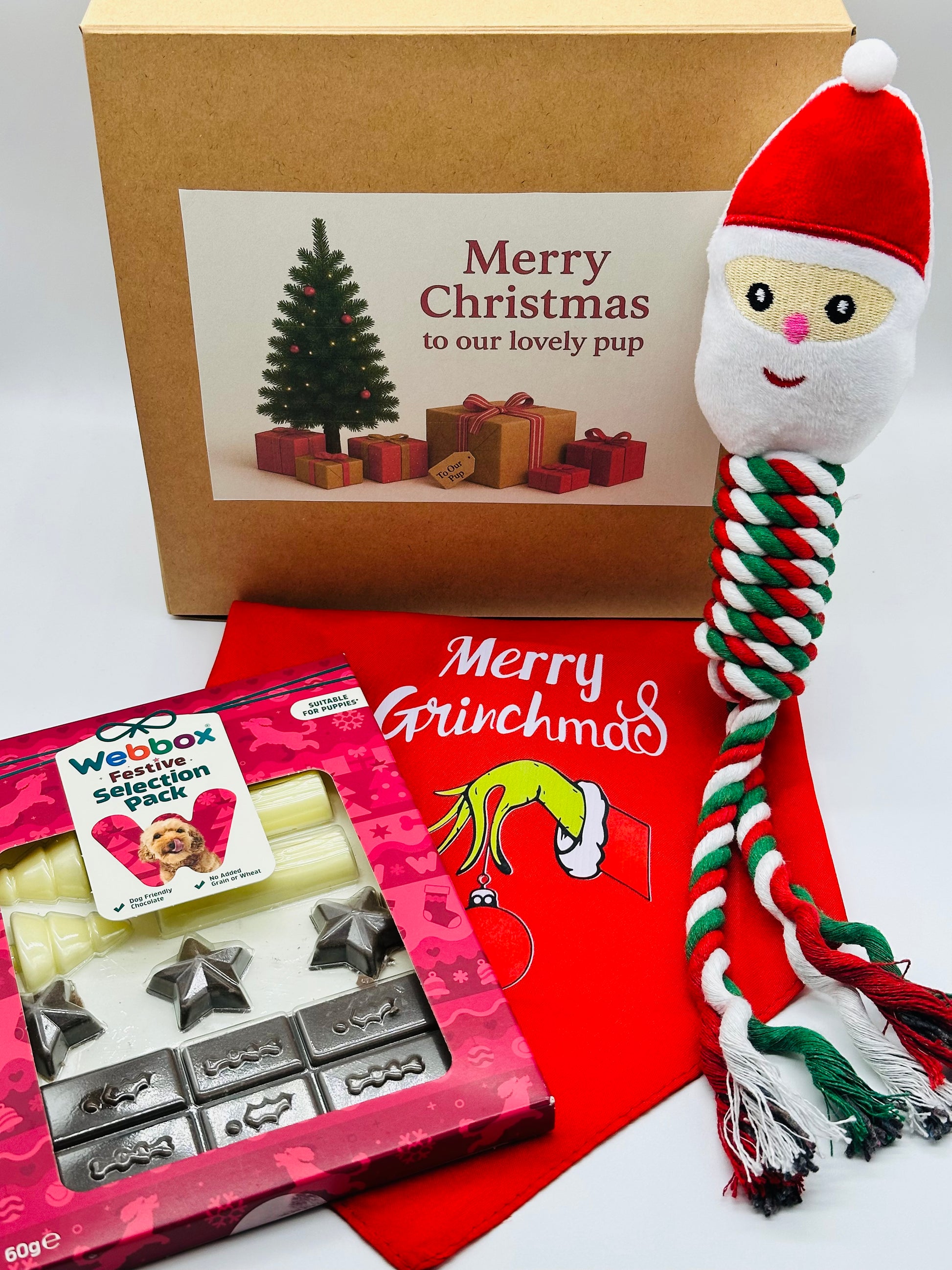 Dog Personalised Christmas box with a Santa rope toy, Christmas bandana and treats