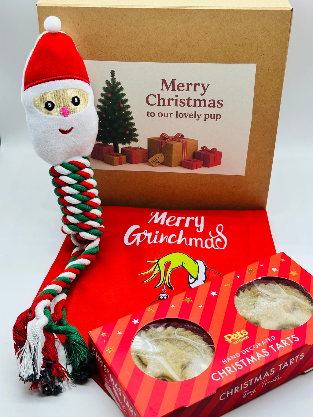 Dog Personalised Christmas box with a Santa rope toy, Christmas bandana and treats