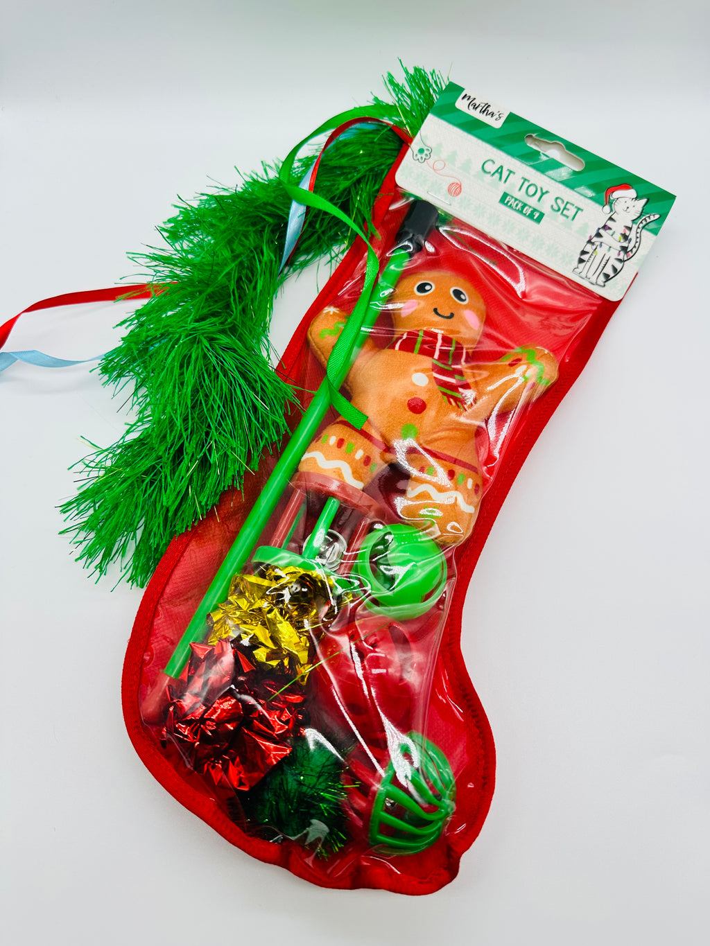 Cat Christmas Stocking with interactive toys and a treat bag