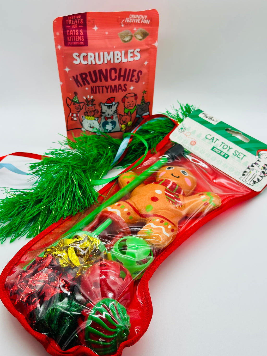 Cat Christmas Stocking with interactive toys and a treat bag