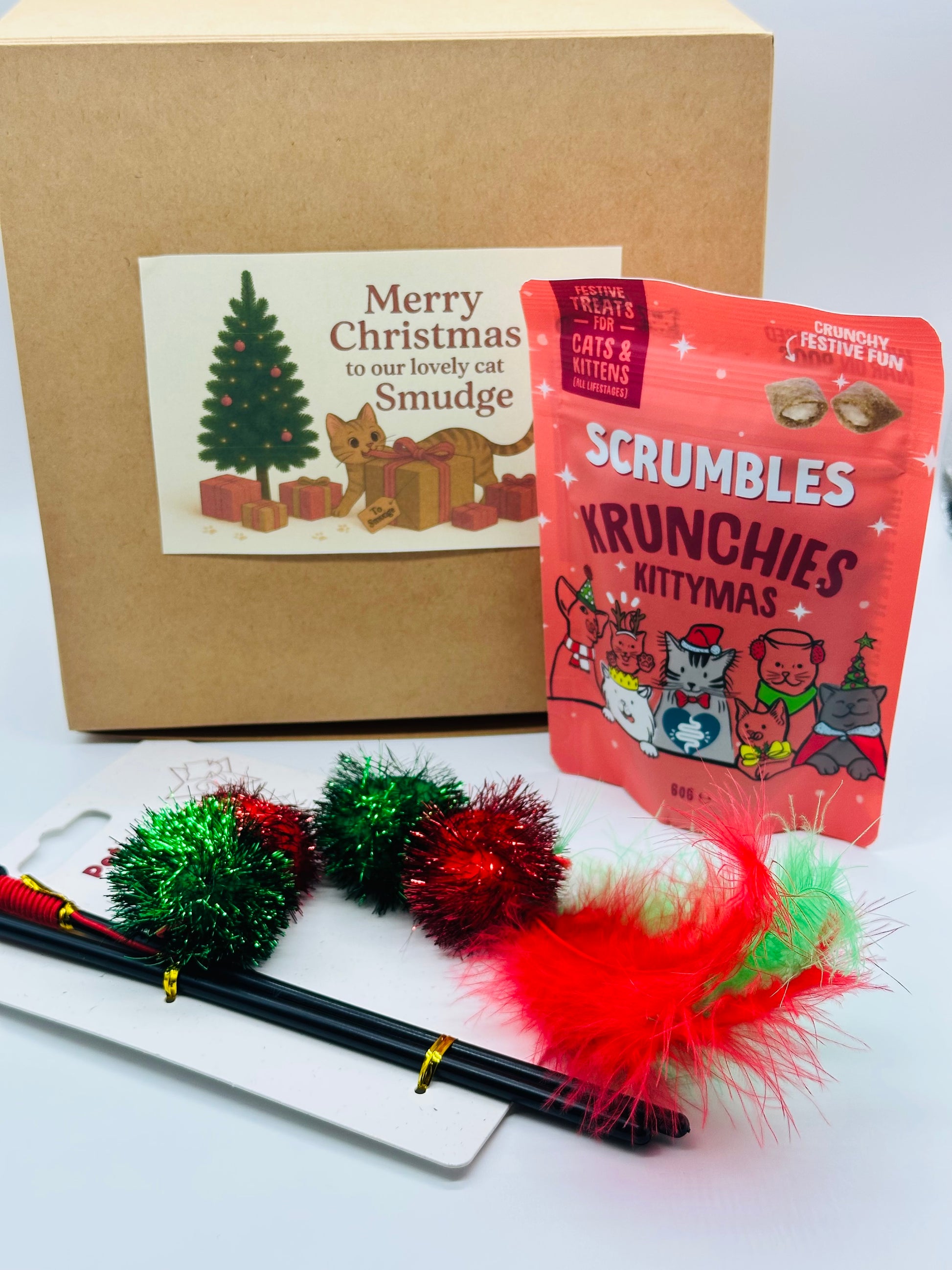 Personalised Cat Christmas Box with interactive toy and a treat bag