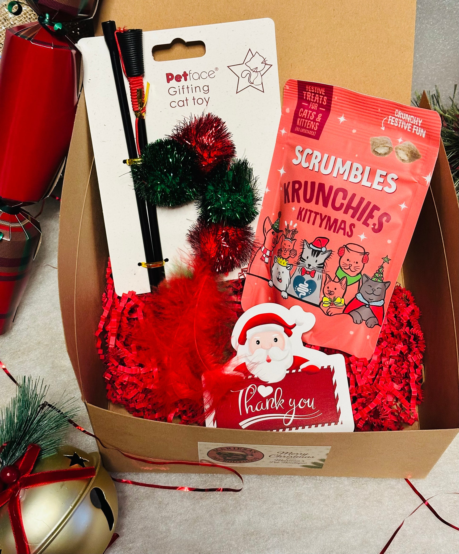 Personalised Cat Christmas Box with interactive toy and a treat bag